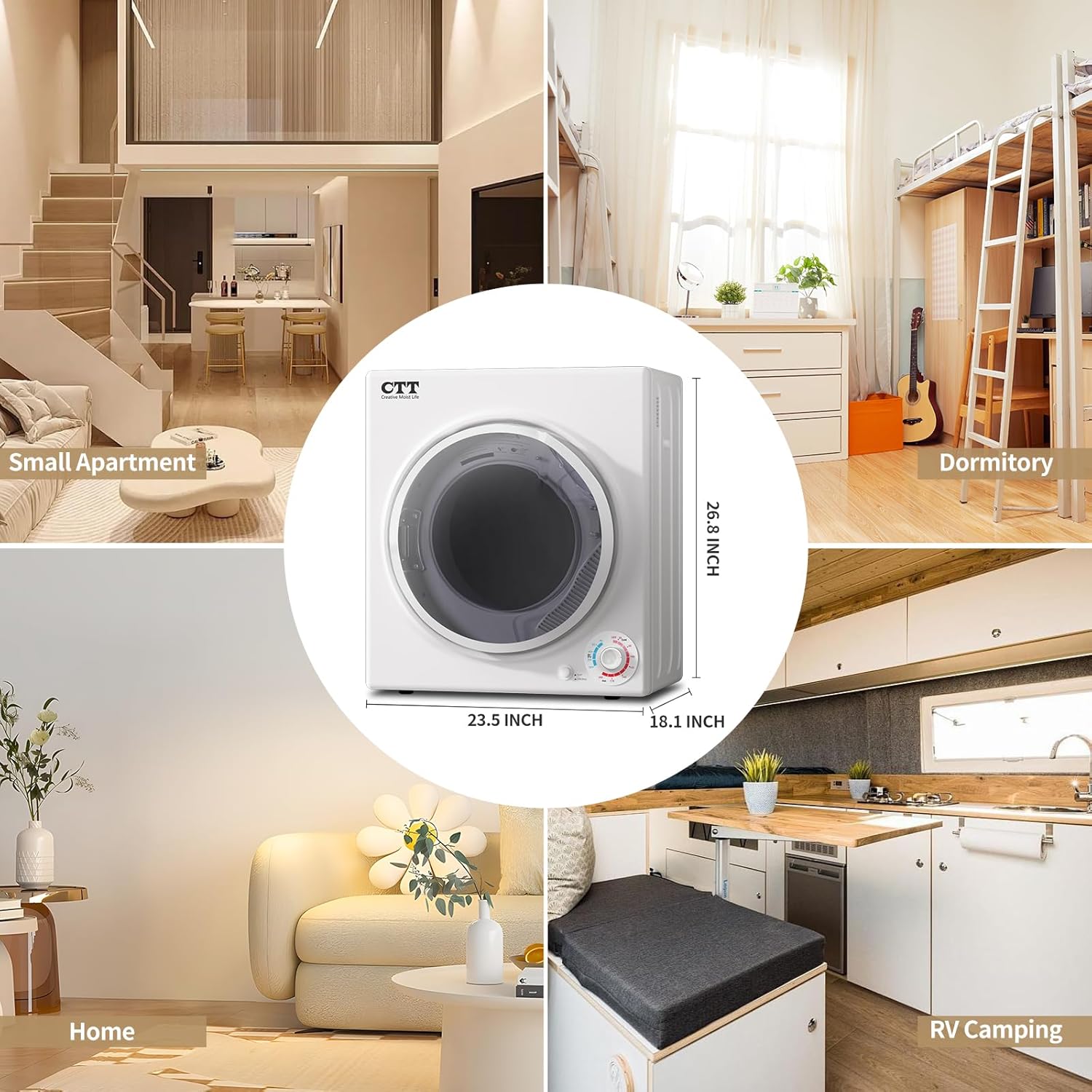 CTT Portable Clothes Dryers for Apartment 1500W, 3.5 cu.ft Compact Dryer for Laundry with 4 Drying Mode, 110V Dryer Machine with Stainless Steel Tub, Overheat Protection