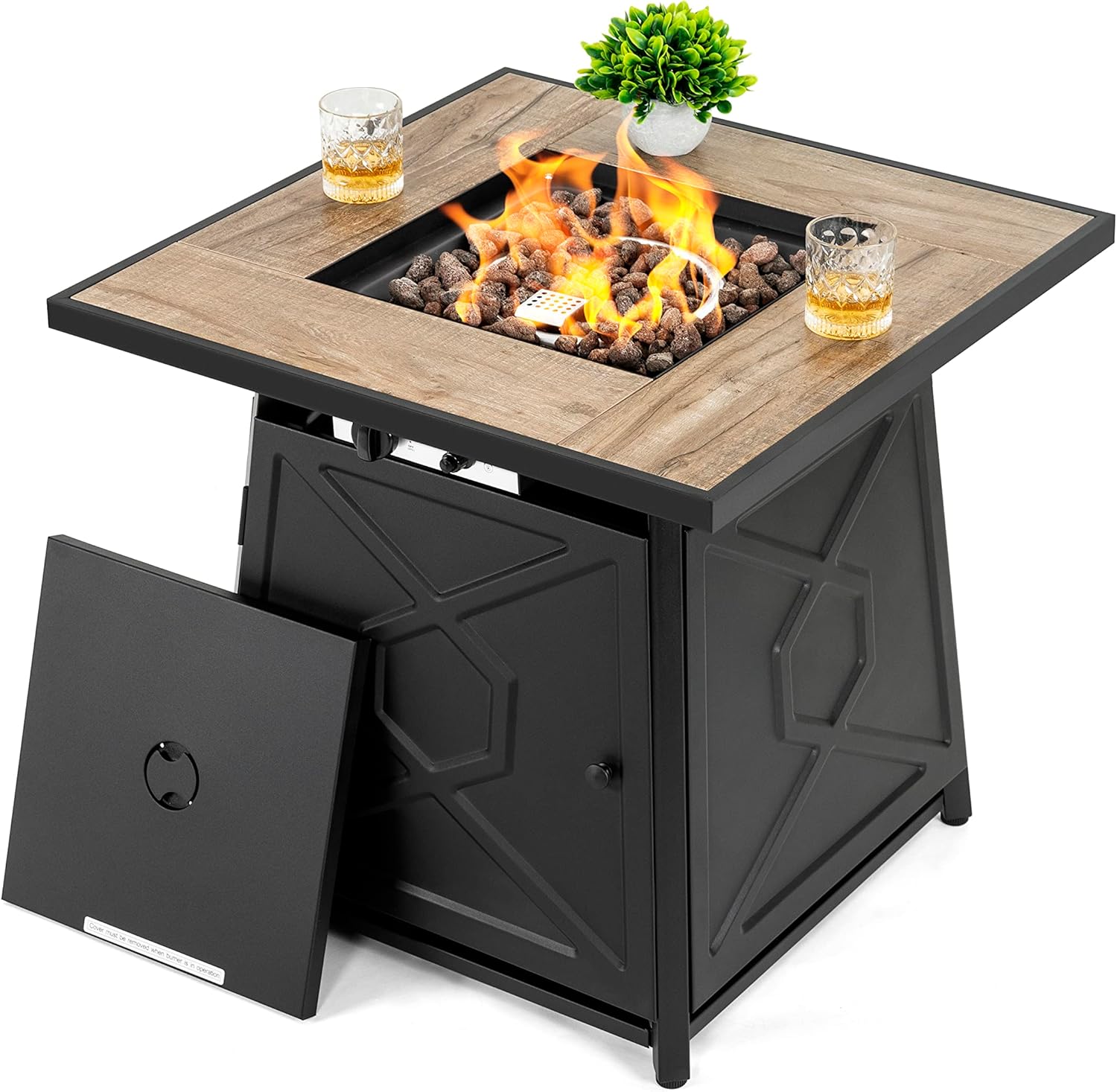 Nuu Garden 28 Inch Outdoor Propane Fire Pit Table, 50,000 BTU Square Gas Fire Table with Ceramic Tabletop, Lid, Cover, Lava Rock for Garden Backyard Party, Black