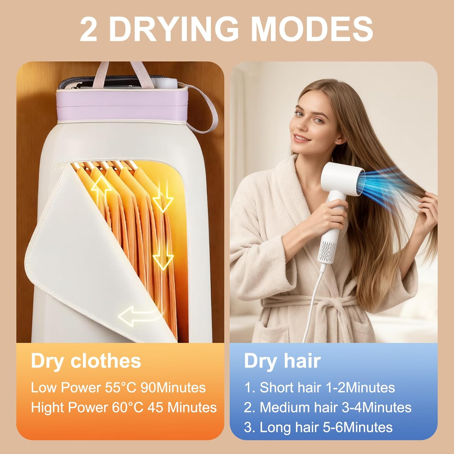 Portable clothes dryer 1300W high-speed dryer and hairdryer in one. Fast-drying for clothes, underwear, and socks, making ideal for use in hotels, travel, camping, dorms, gyms, apartments (White)