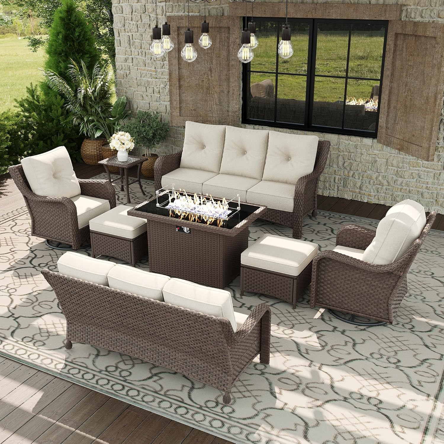 8 Piece Patio Furniture Set with Fire Pit Table, All-Weather Wicker Outdoor Conversation Set with Swivel Rocking Chair and 6 Inch Thick Cushions