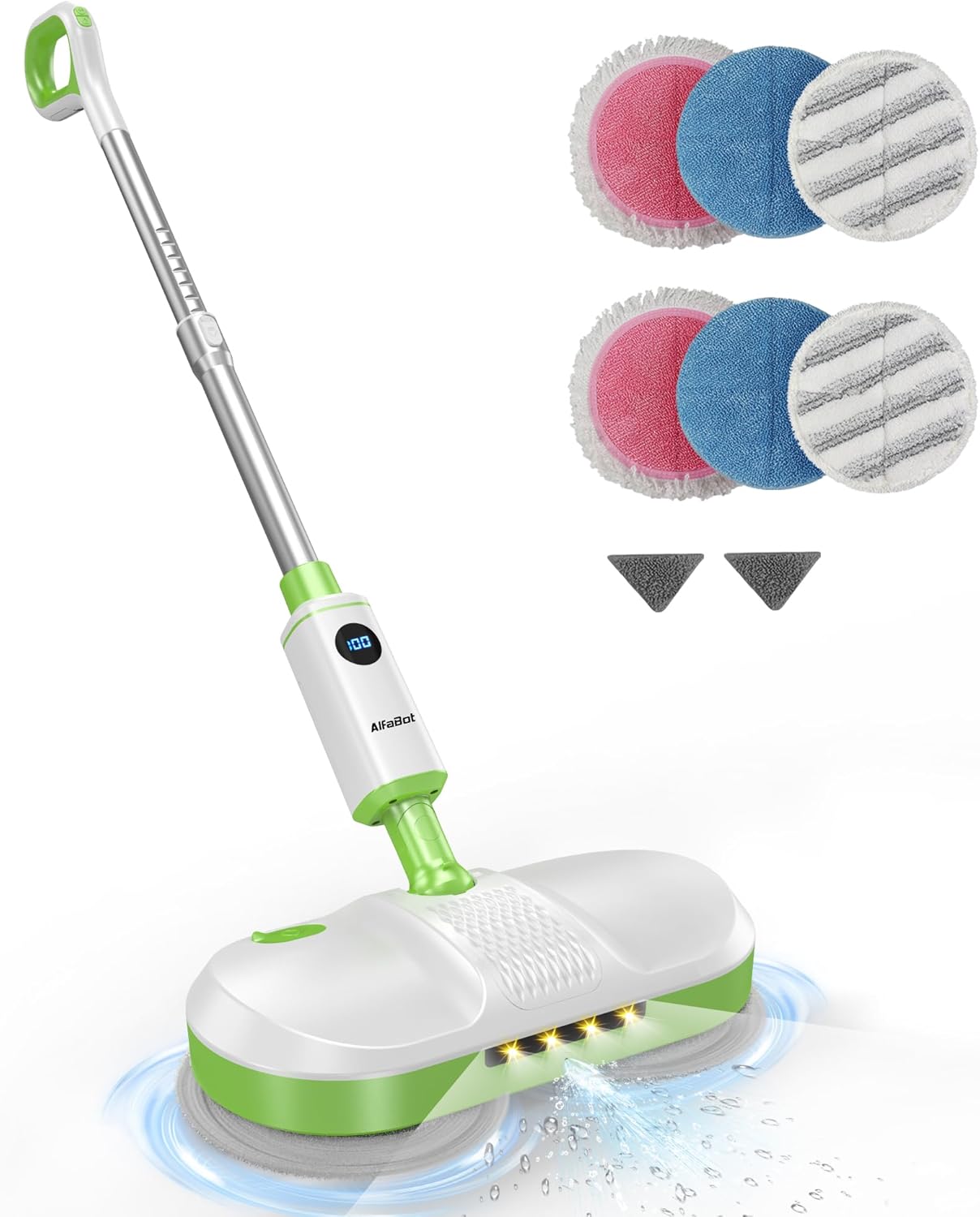 AlfaBot Cordless Electric Mop, Electric Mop Floor Cleaner with LED Headlight & Water Sprayer, Up to 60 Mins, Self-Propelled with Big Water Tank for Multi-Surface