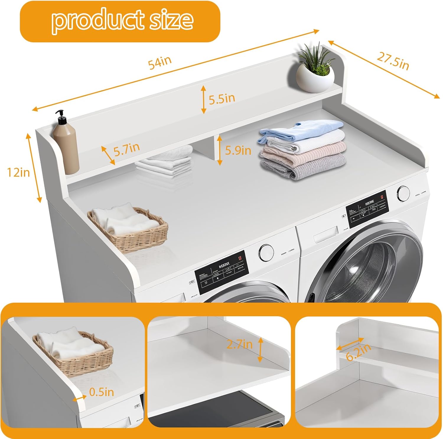 Washer Dryer Countertop with 2-Tier Shelf, Wood Laundry Countertop with 2.7