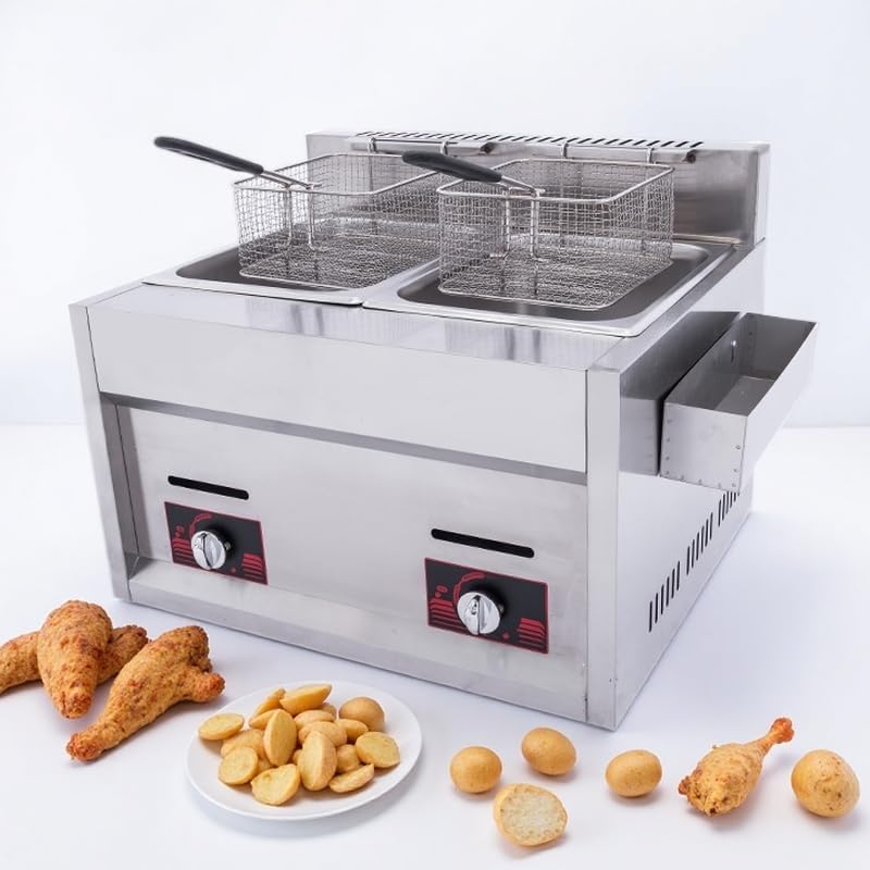 Professional Commercial Gas Fryer, Countertop Stainless Steel Lpg Fryer, Adjustable Firepower, Large Capacity, for Fish, French Fries Turkey