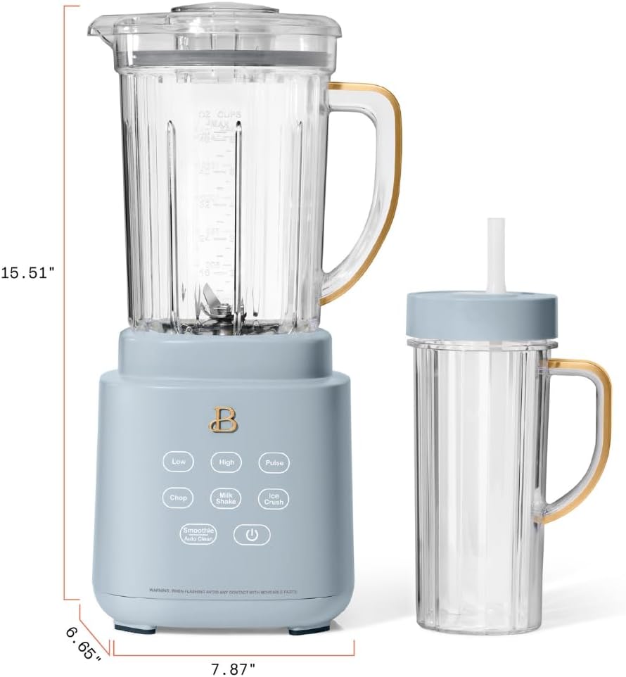 Beautiful PowerExact Blender System, 700W, Touch Display, PrecisionSense Tech, 50oz Tritan Jar + 20oz To-Go Cup, 4 Presets, Ice Crush, Smoothie, Dishwasher Safe, Gold Accents, Cornflower blue