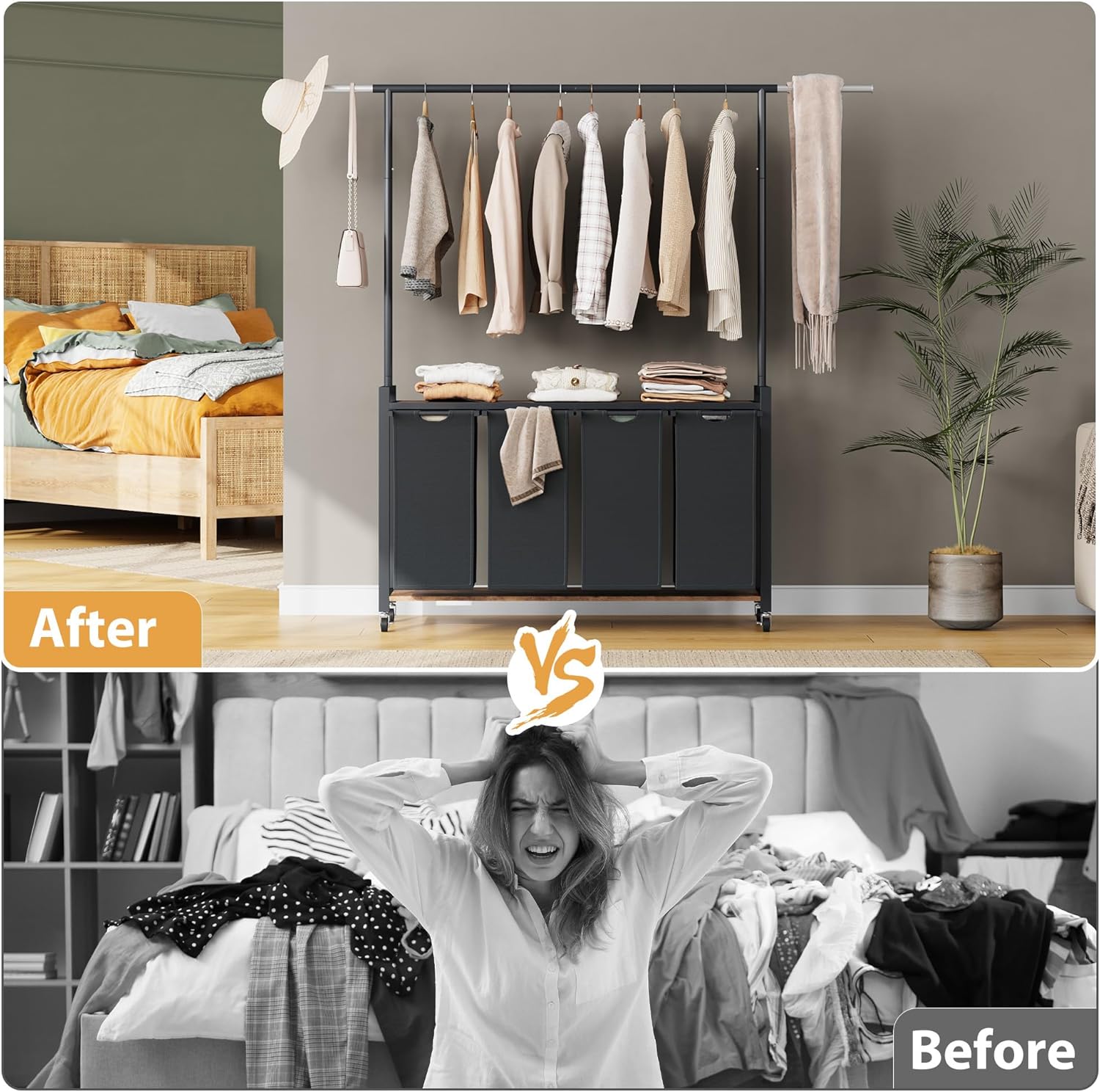 GarveeHome Rolling Laundry Cart with Hanging Rack & Utility Shelf | 4-Section Laundry Sorter Hamper with Lockable Wheels | Laundry Basket Organizer for Laundry Room, Bedroom, Bathroom | Black