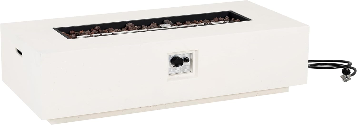 Christopher Knight Home Aidan Lightweight Concrete Outdoor Propane Fire Pit Table, 50,000 BTU Rectangular Fire Table for Patio Furniture Set (No Tank Holder), Fully Assembled Patio Fire Pit, White