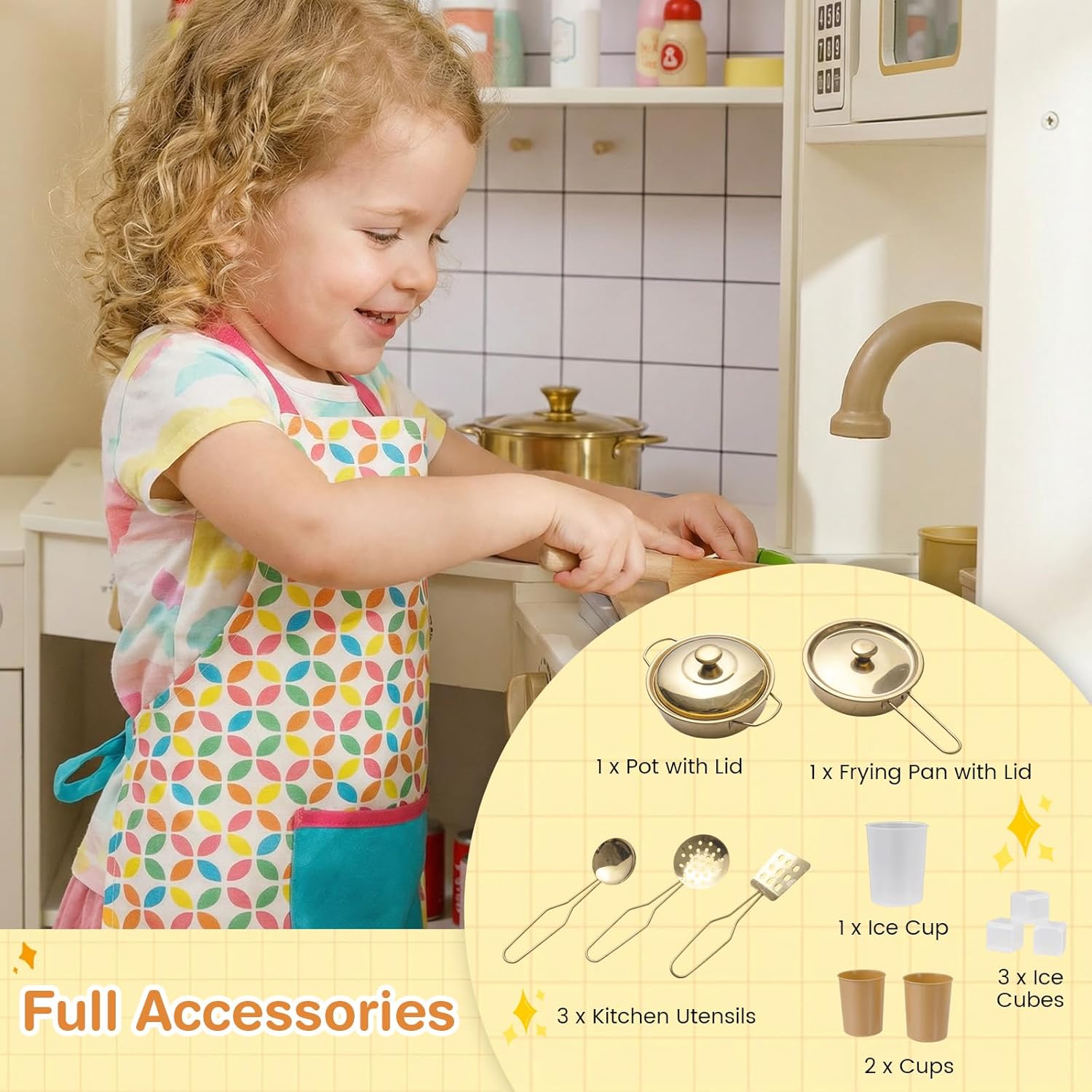 Costzon Kids Corner Play Kitchen, Pretend Play Kitchen Set w/Ice Dispenser, Stoves, Oven, Microwave, Dishwasher, Water Faucet & Accessories, Wooden Toy Kitchen Playset for Boys & Girls 3+