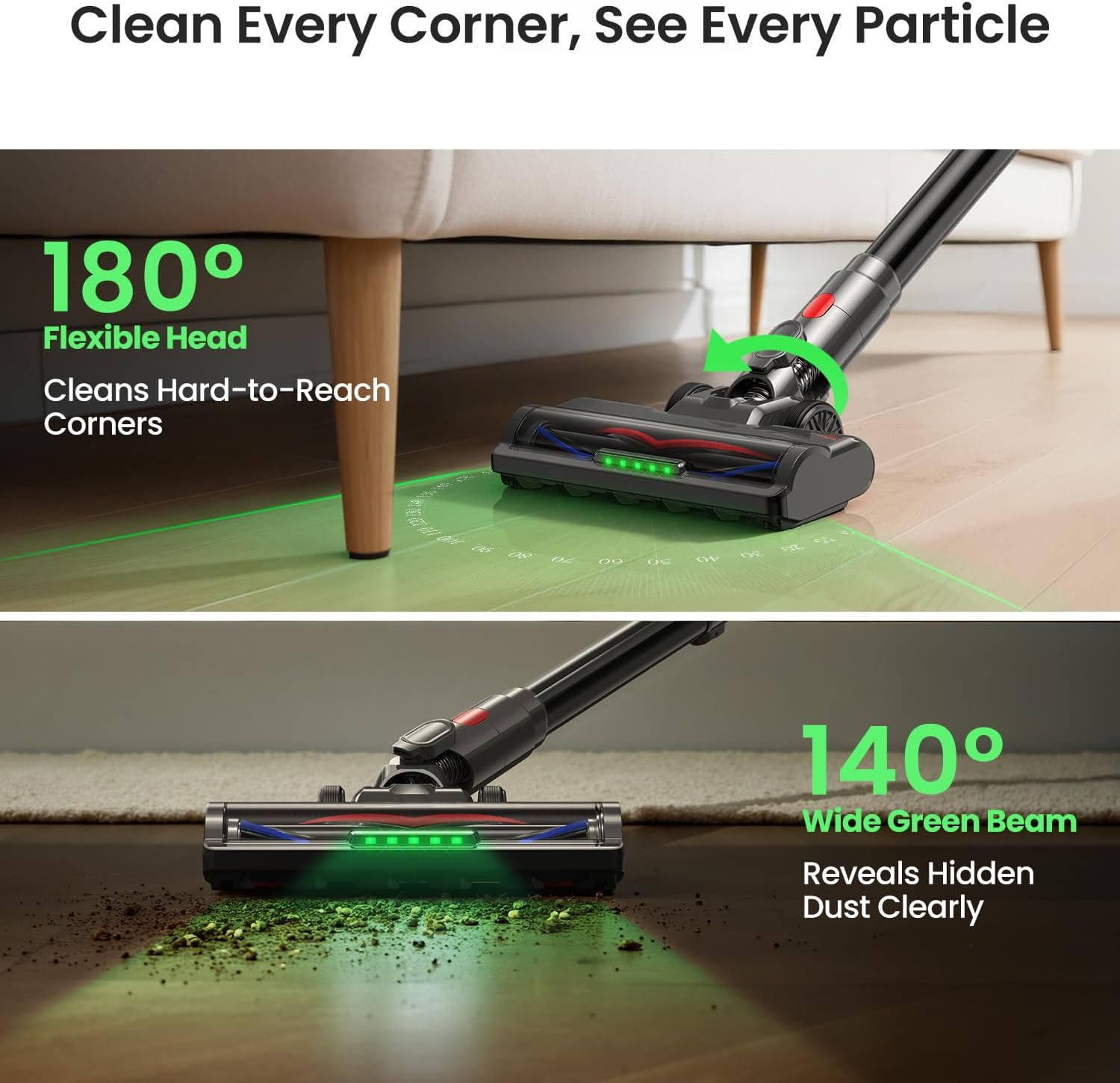 Xlife Cordless Vacuum Cleaner 45KPa 550W for Pet Hair & Multi-Surface Greenlight Reveal Dust 7-Stage HEPA Filter Long Runtime Anti-Tangle Roller Adjustable Stick Lightweight (P2)