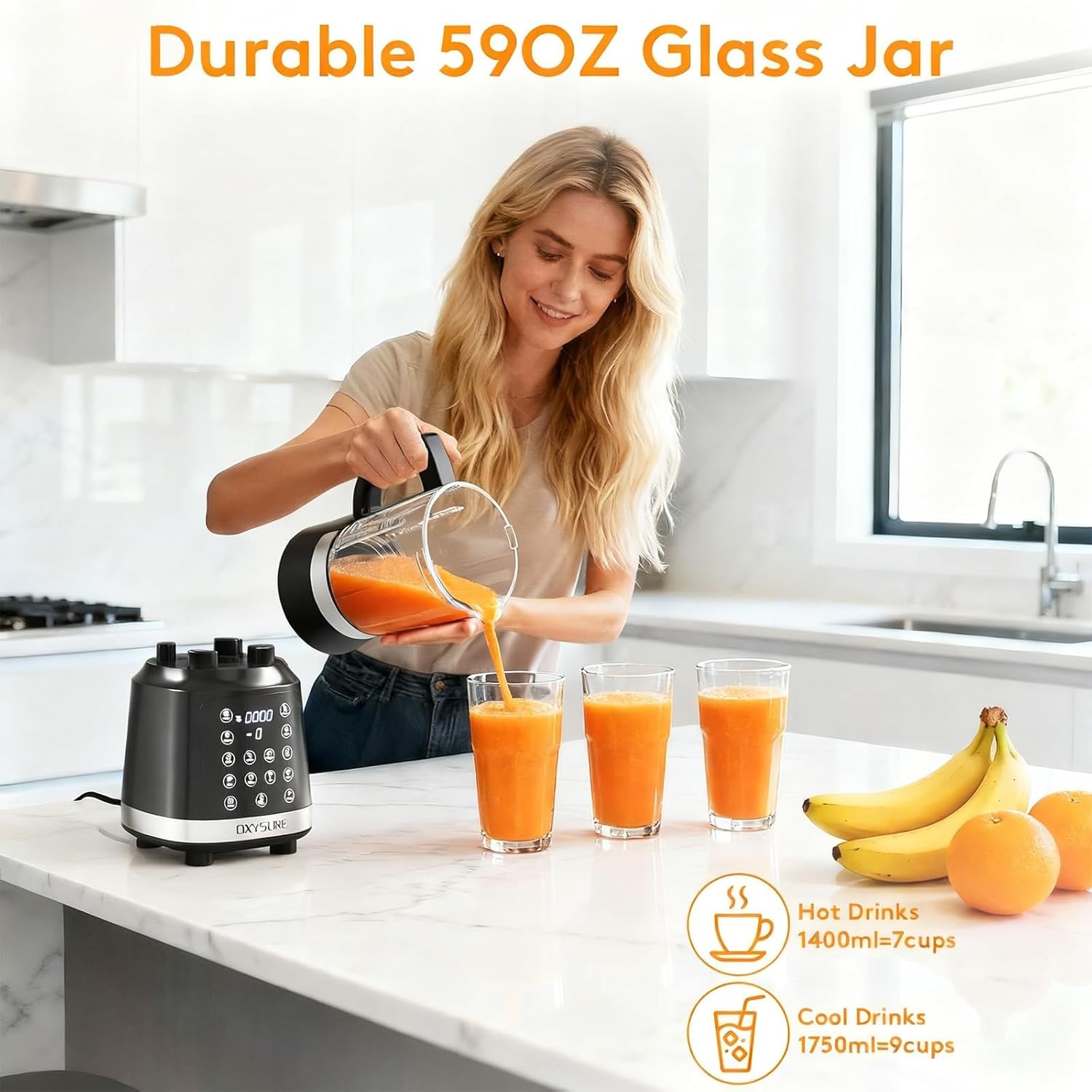 Blender with 14 Functions, 1400W High-Speed Motor, 59oz Capacity, Food Processor for Smoothies, Soy Milk, Soup, Food & Juice, Multifunctional Heating Mixer (Black)