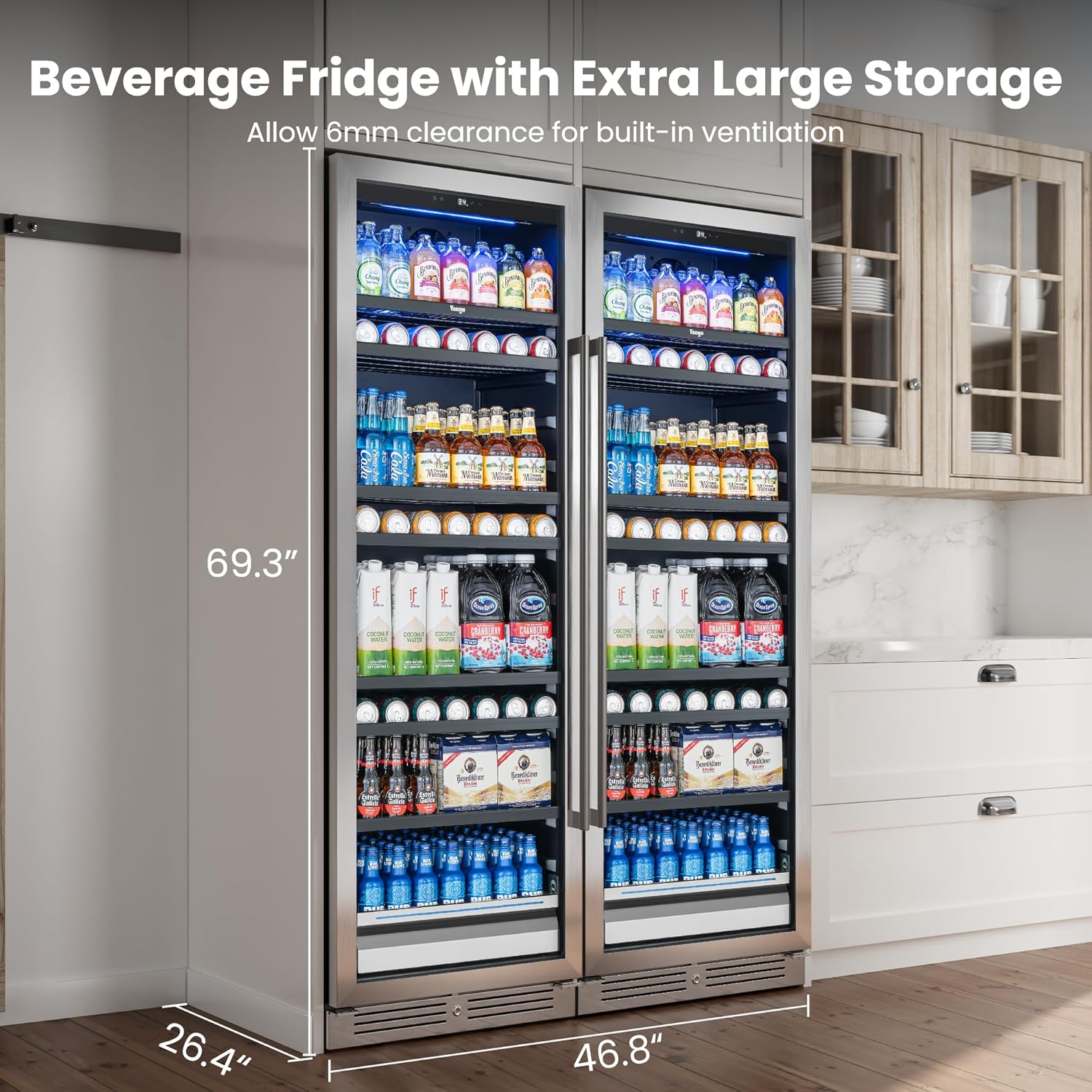Yeego Beverage Refrigerator 48 inch -2PCS Capacity Beverage Cooler, Upgraded Beverage Refrigerator Freestanding or Built-In, Drink Cooler for Soda, Water, Beer or Wine - For Kitchen, Bar or Office