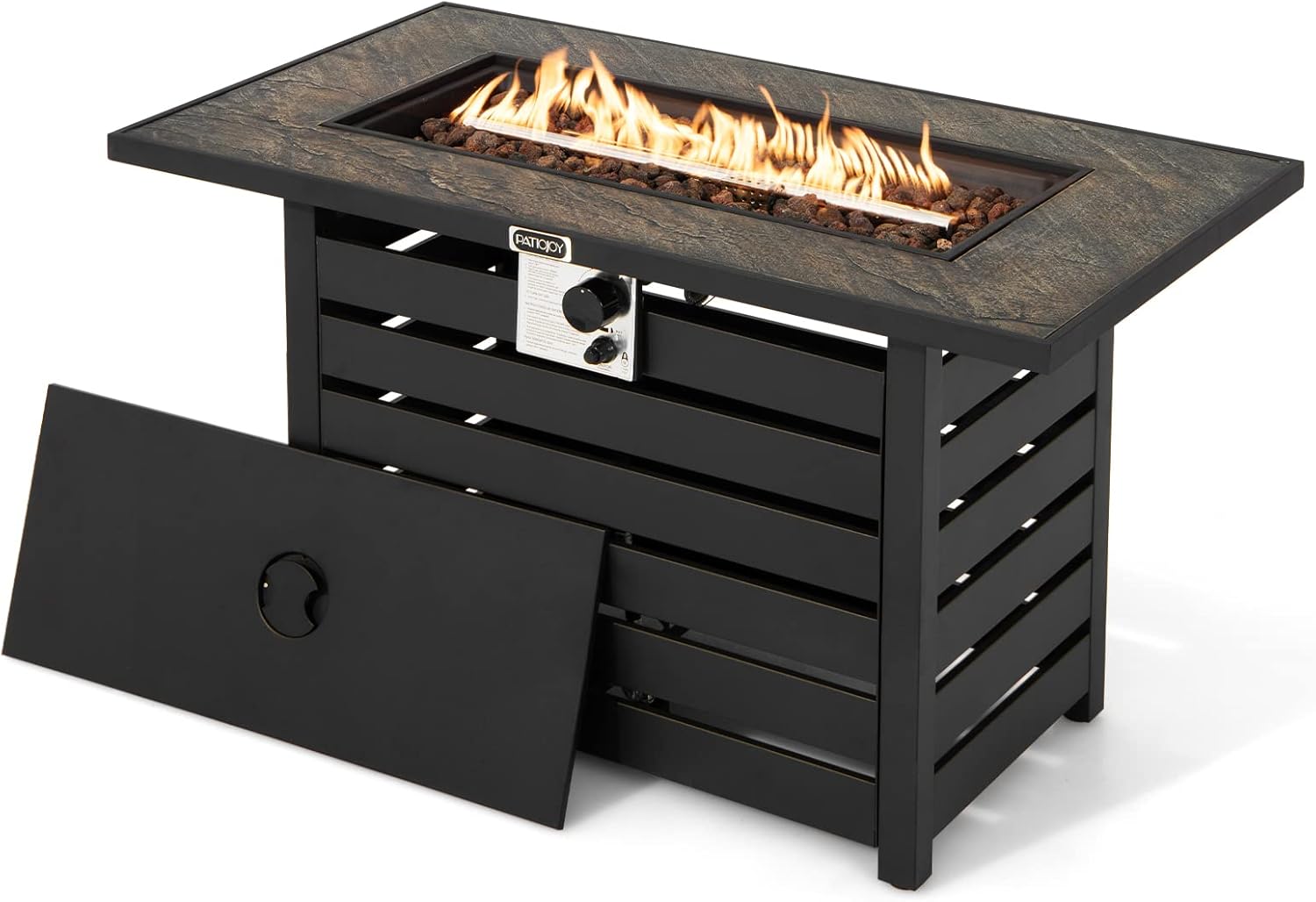 Tangkula 42 Inch Outdoor Gas Fire Pit Table, Patiojoy 50,000 BTU Rectangular Propane Fire Pit w/Ore Powder Tabletop, Lid, Lava Rocks & Waterproof PVC Cover for Patio, Garden, Backyard, Poolside