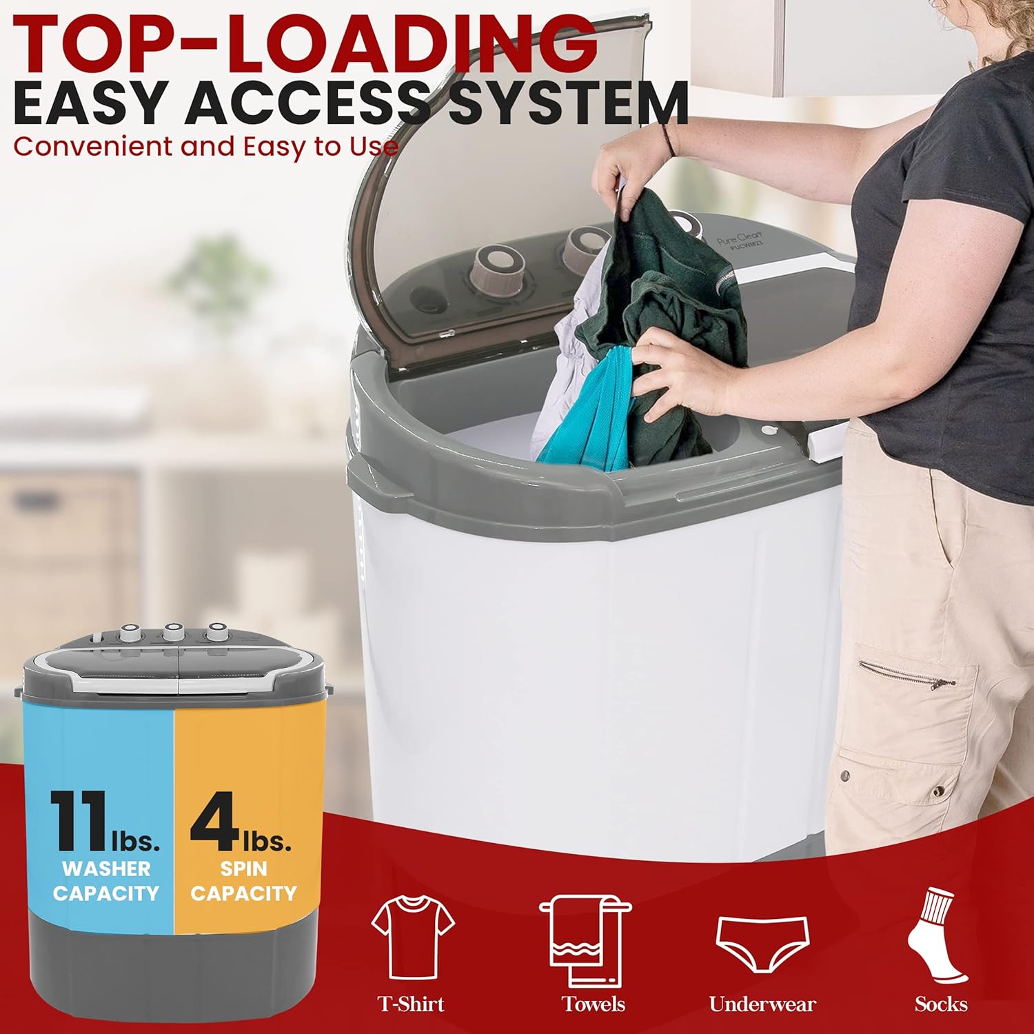 PURE CLEAN Compact Home Washer & Dryer, 2 in 1 Portable Mini Washing Machine, Twin Tubs, 11lbs. Capacity, 110V, Spin Cycle w/Hose, Translucent Tub Container Window, Ideal for Smaller Laundry Loads