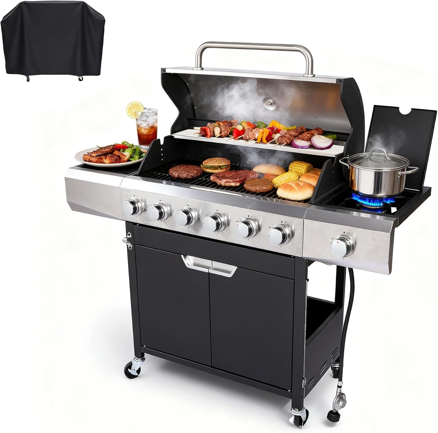 Endark 6-Burner 68,500 BTU Stainless Steel Outdoor Propane Gas Grill with Side Burner & Porcelain Grates | Wheeled BBQ Grill for Patio, Garden, Backyard