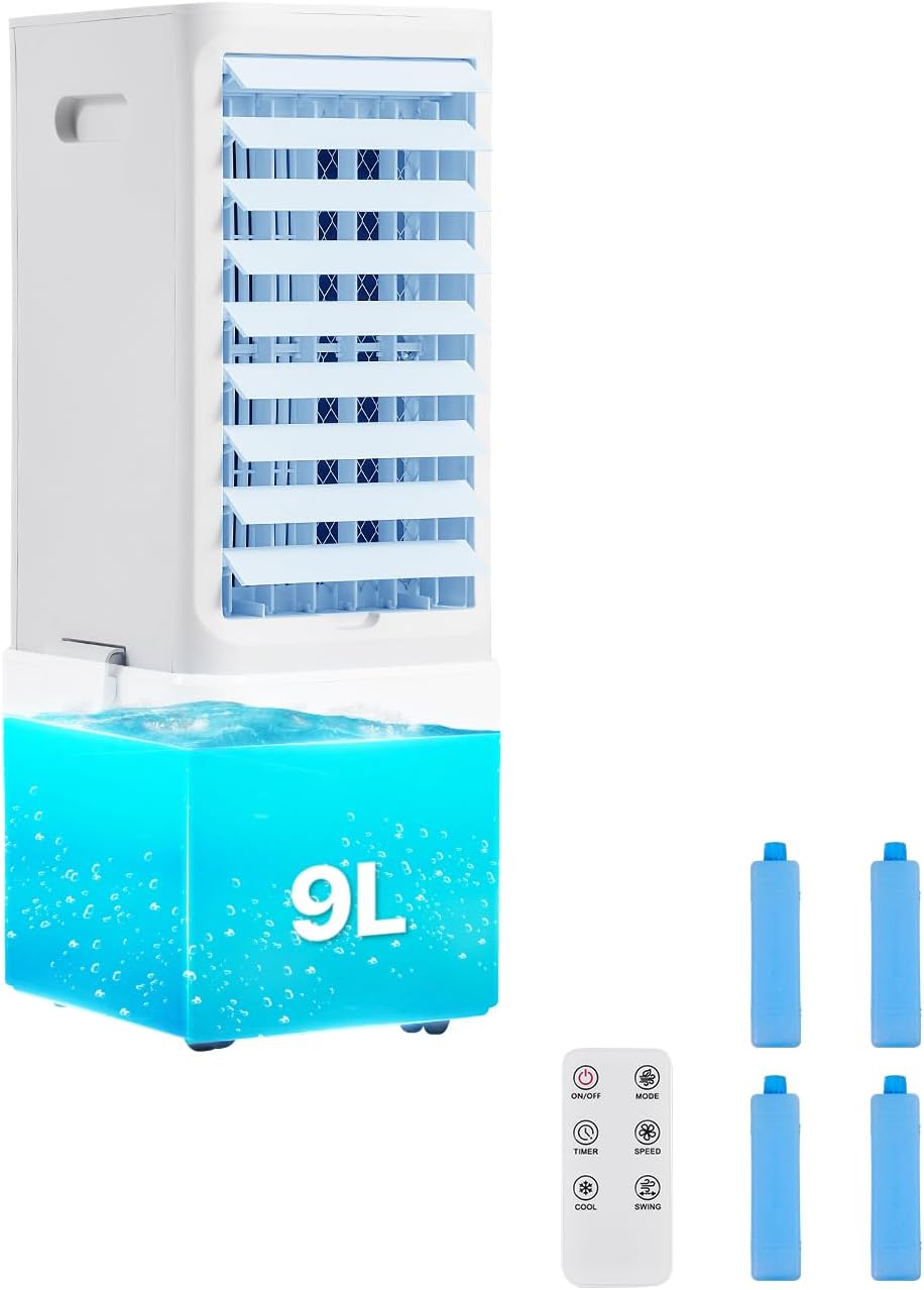 VEVOR Portable Air Conditioner, 9L 550 CFM Swamp Cooler Air Conditioner with 12H Timer & Remote Control, 3-Speed Evaporative Air Cooler with 2 Ice Boxes, Quiet & Movable, Ideal for Outdoor Indoor Use