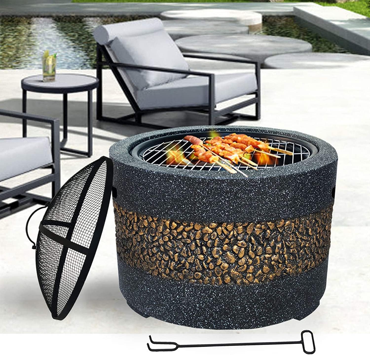 Safety Certification Wood Burning Fire Pit w/Cooking Grill BBQ Grill Pit Bowl w/Mesh Spark Screen Cover & Poker Charcoal Barbecues Grill Smoker Barbeque Grill