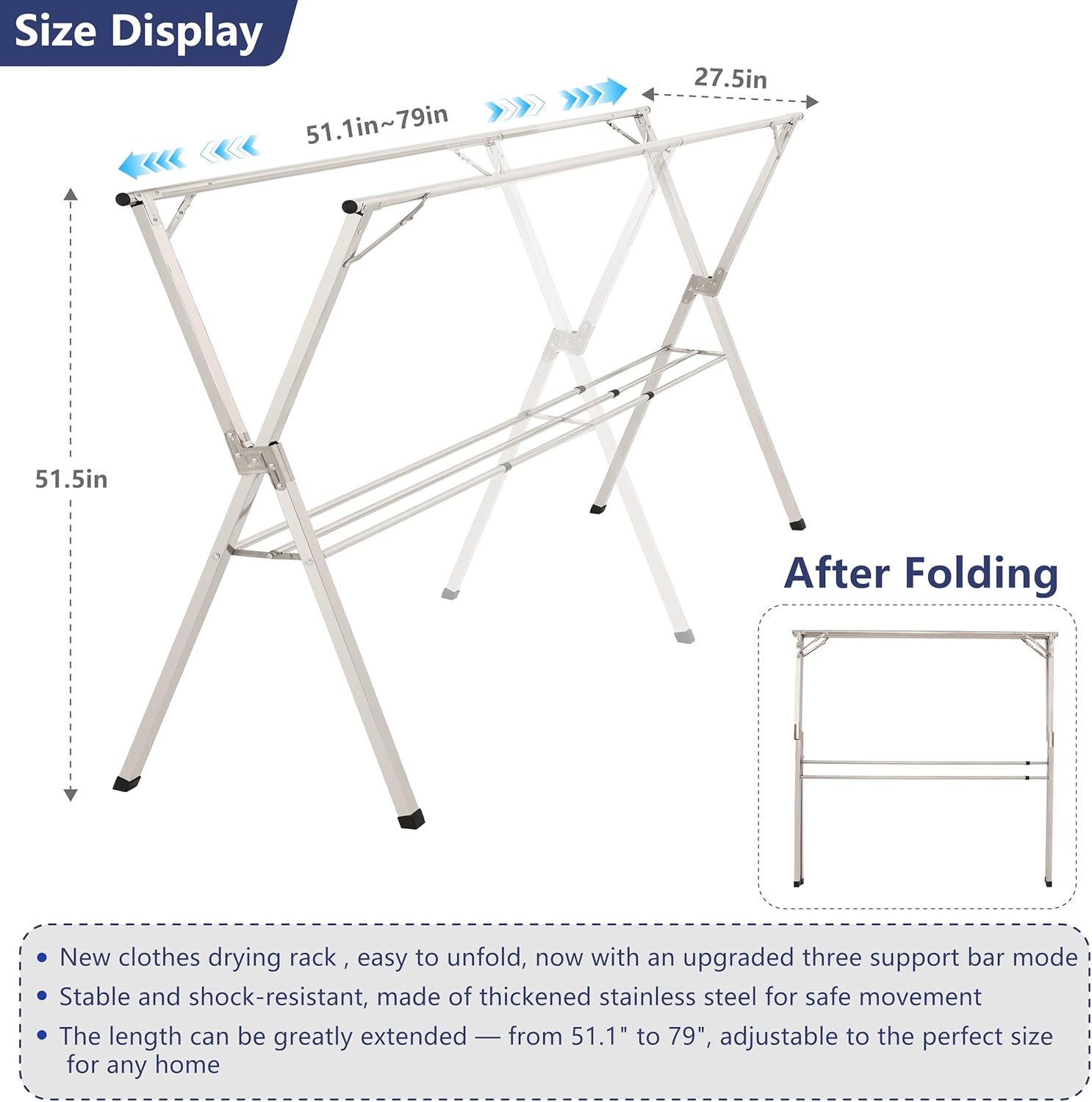 79 inches Foldable Clothes Drying Rack, Heavy Duty Stainless Steel Laundry Drying Rack for Indoor Outdoor, Clothes Rack Adjustable Length. 3 Additional Reinforcement Bars with 20 Windproof Hooks