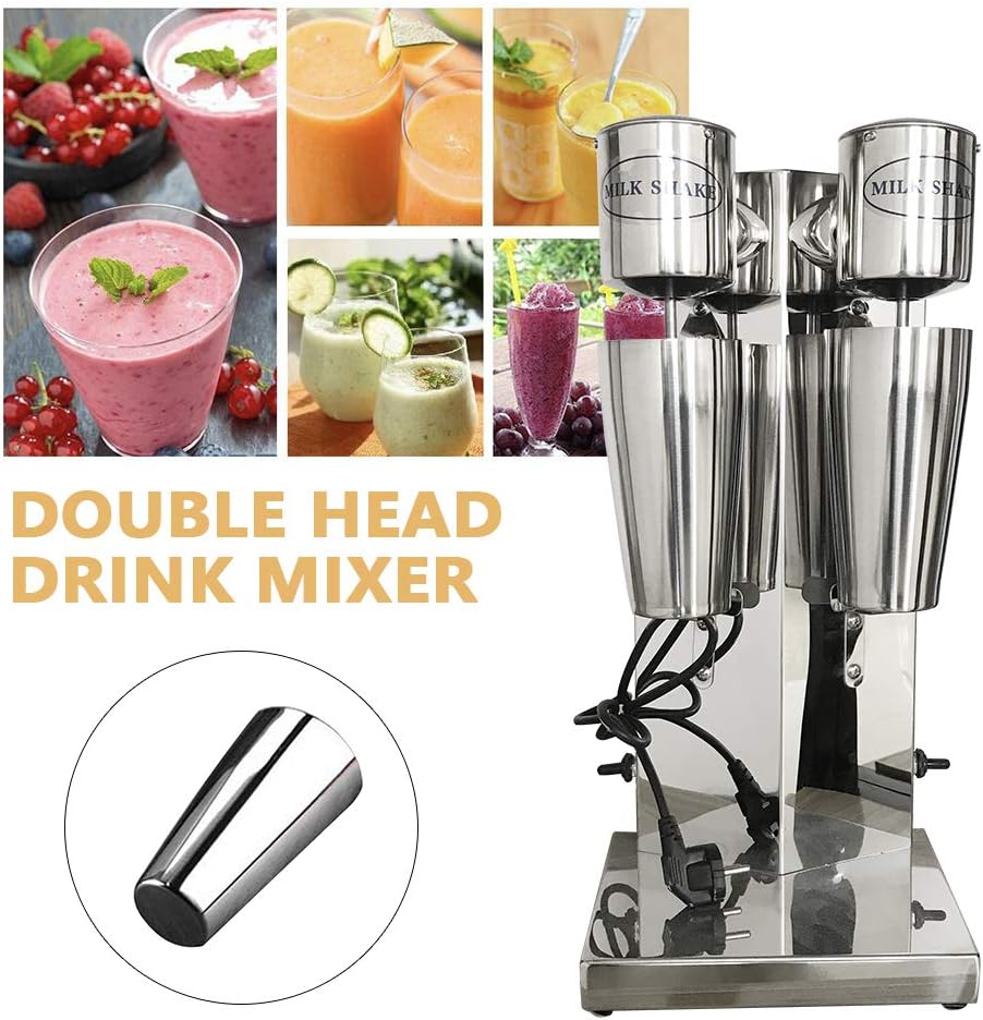 Double Head Milkshake Maker Machine, 110V Electric Beverage Blender with 2 Stainless Steel Cups & PP Cups, 2 Speed Adjustable, Commercial Milkshake Machine for Protein Shakes Cocktails