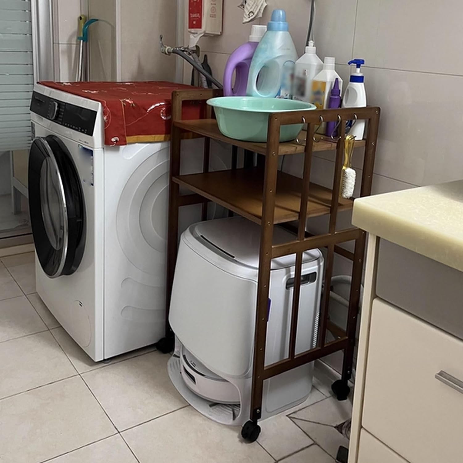 Mobile Sweeper Robot Storage Cabinet Shelf Multi-Functional Modern Vacuum Storage Stand Swivel Casters with Brakes Adjustable Shelf Height Multi-Layer(Natural,80 * 38 * 123cm)