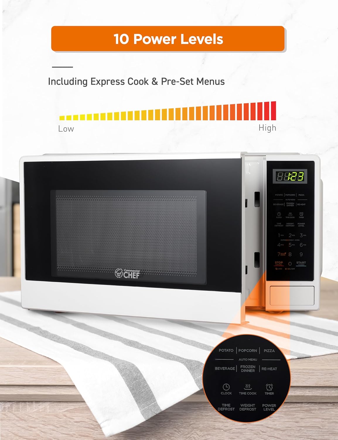 COMMERCIAL CHEF 0.9 Cu Ft Microwave with 10 Power Levels & 1.1 Cu Ft Microwave with 10 Power Levels