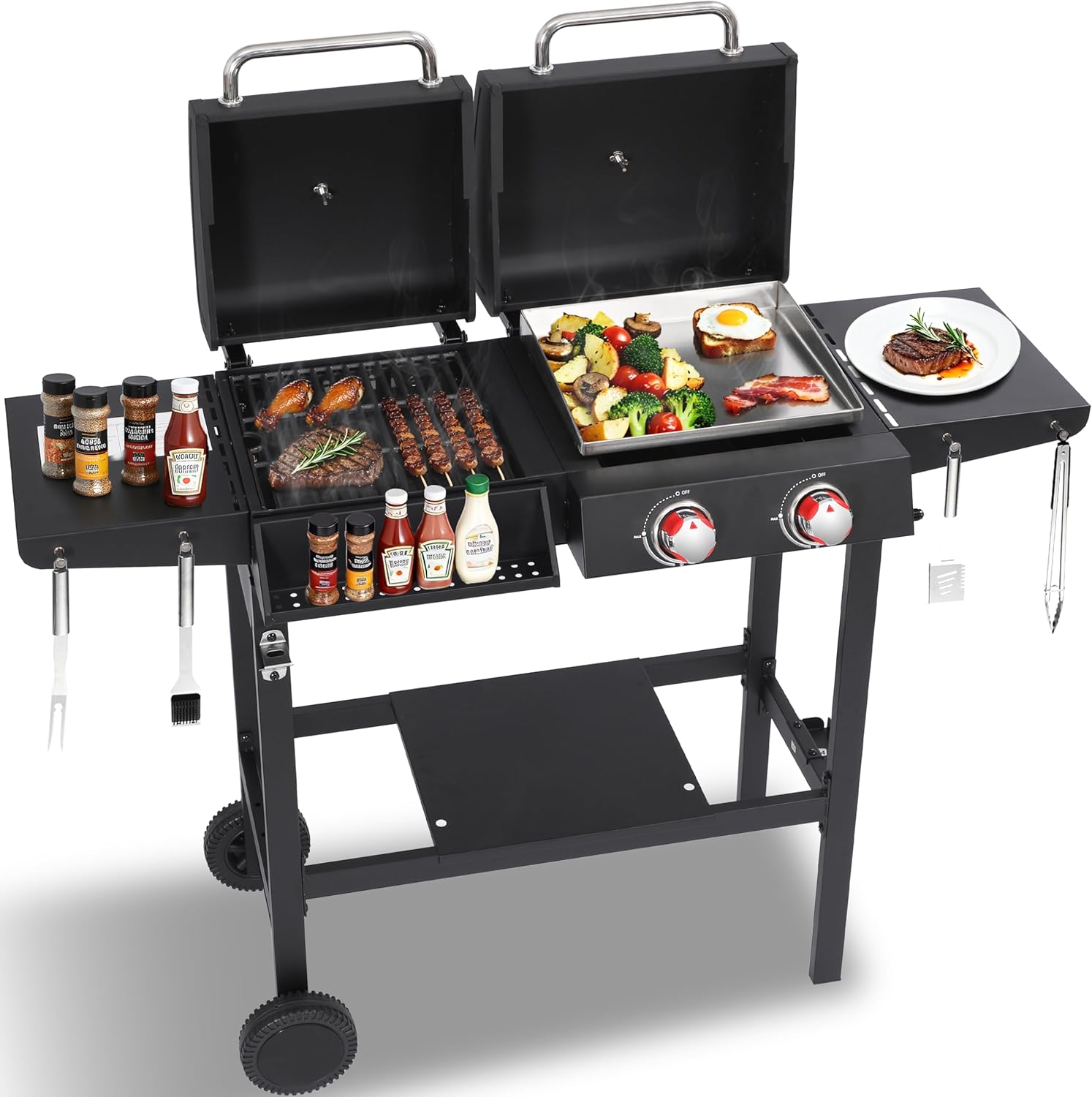Propane Gas Griddle Charcoal Grill Combo Flat Top Griddle with Dual Lids & 2 Side Shelves| Outdoor BBQ Grill for Patio, Backyard, Camping