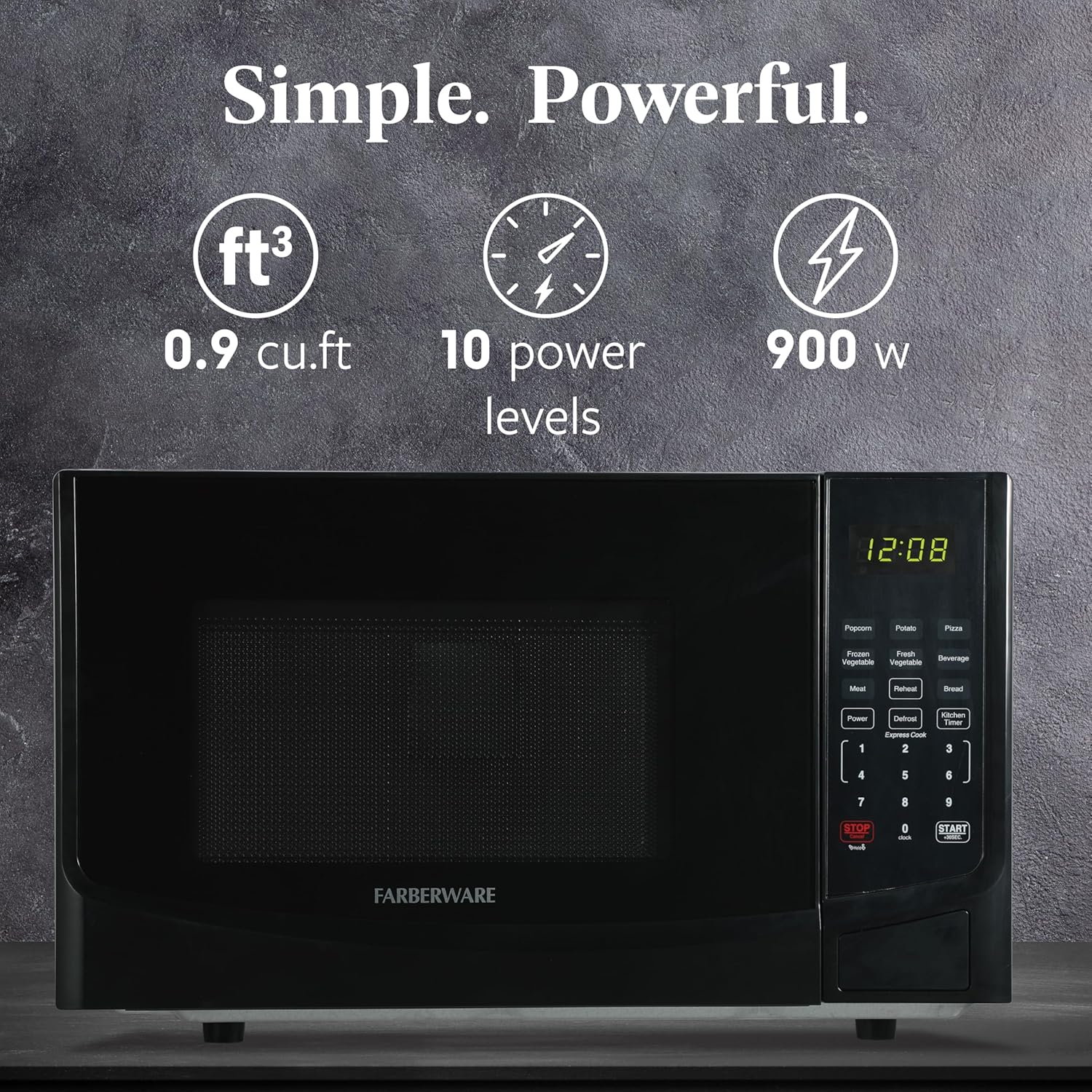 Farberware 0.9 Cu. Ft. Black Microwave Oven, 900W with LED Display, 10 Power Levels, 8 Auto-Cook Presets, Express Cooking & Defrost