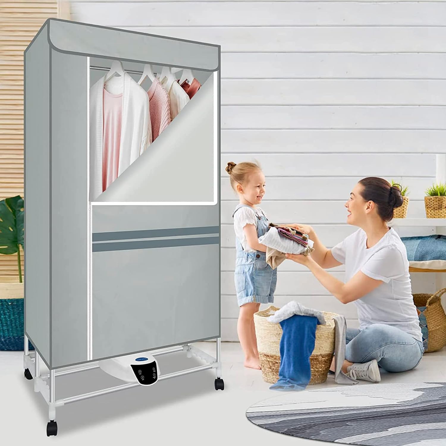 Electric Clothes Dryer with Remote Control and Timer, 1300W Large Capacity 2-Tier Heated Clothes Airer with Cover, Indoor Foldable Electric Clothes Airer Drying Rack, Overheat Protection,Grey