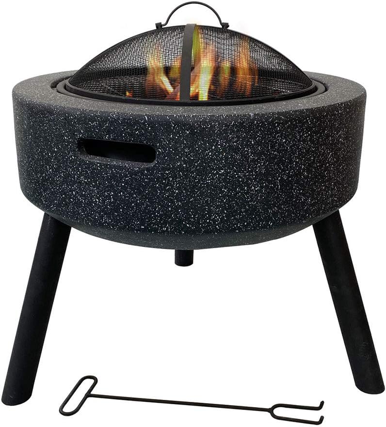 Geo Fire Pit Bowl, Fire Pit with BBQ Grill Shelf Triangle Bracket Magnesium Oxide Material Outdoor Garden Fire Pit with Mesh Cover,Black