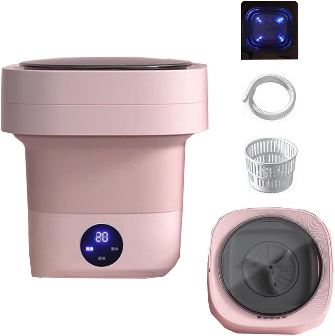 2 In 1 Mini Washer And Dehydrator Combo 8x8x12in Foldable Washing Machine 16L Capacity For Laundry, Dorms, College, RV, Hotels, Home Camping(Pink)