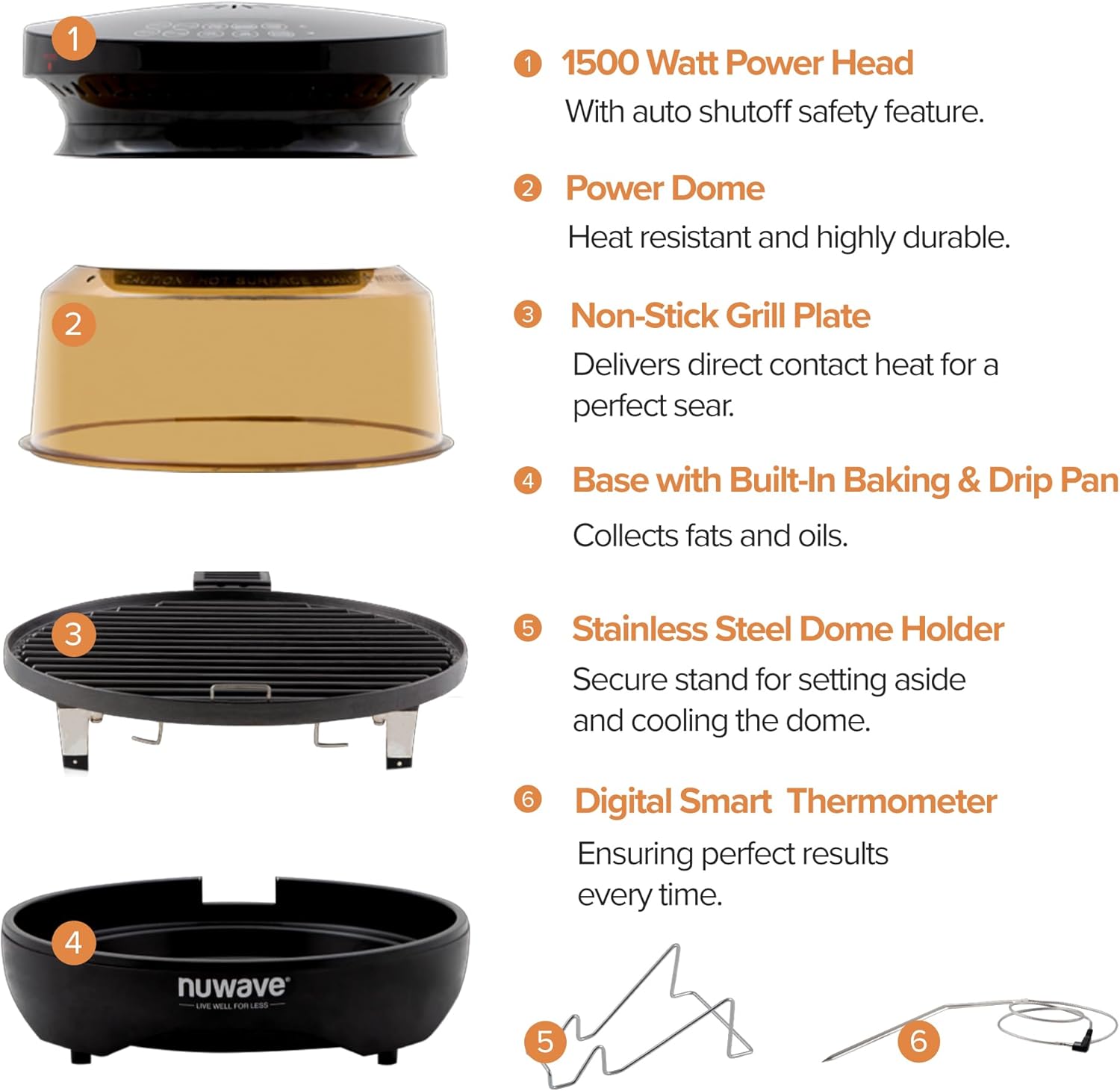 Nuwave Infra-Red Primo Grill Oven, Integrated Smart Thermometer, Nonstick Grill Bottom & Convection Top for Surround Cooking, Cook Fresh or Frozen, Durable Power Dome Included