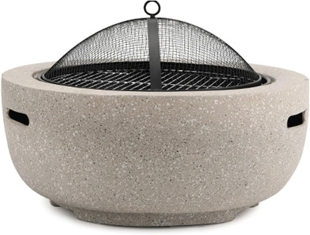 Concrete Fire Pit Table 23.6 Inch Round Wood Burning and Charcoal Grill with Spark Screen and Poker Modern Outdoor Fire Pit for Patio Garden Backyard BBQ and Heating