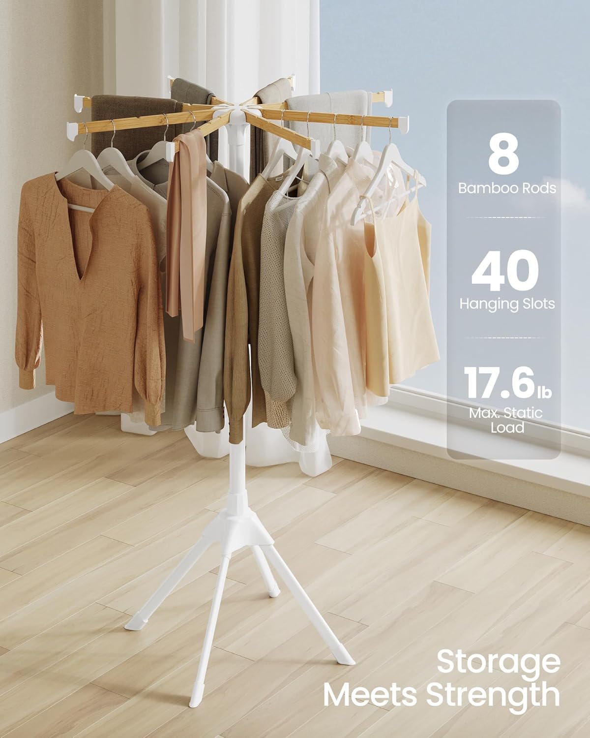 SONGMICS Clothes Drying Rack, with Bamboo Hanging Rods, Foldable Metal Laundry Rack, Space-Saving, Free-Standing Airer, Indoor Use, White and Natural ULLR516W01