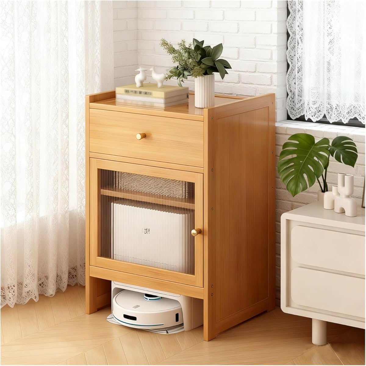 Vacuum Cleaner Storage Cabinet, Robot Vacuum Storage Side Table End Table Cabinet for Living Room, Home, Office, Entrance, Corridor(Natural)