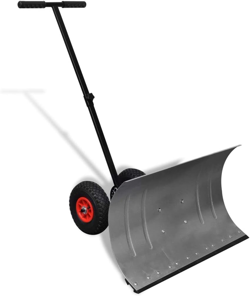 Manual Snow Shovel with Wheels, Heavy-Duty Metal Blade, Adjustable Push Bar, 29.1x18.1 Inches, Galvanized Steel, for Driveways and Sidewalks