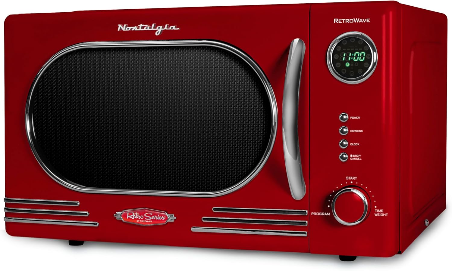 Nostalgia Retro Countertop Microwave Oven - 1.1 Cu Ft & 1000 Watt Power- Easy to Clean with Removable Glass Turntable - Child Safety Lock - 12 Programs - Digital Clock - Red
