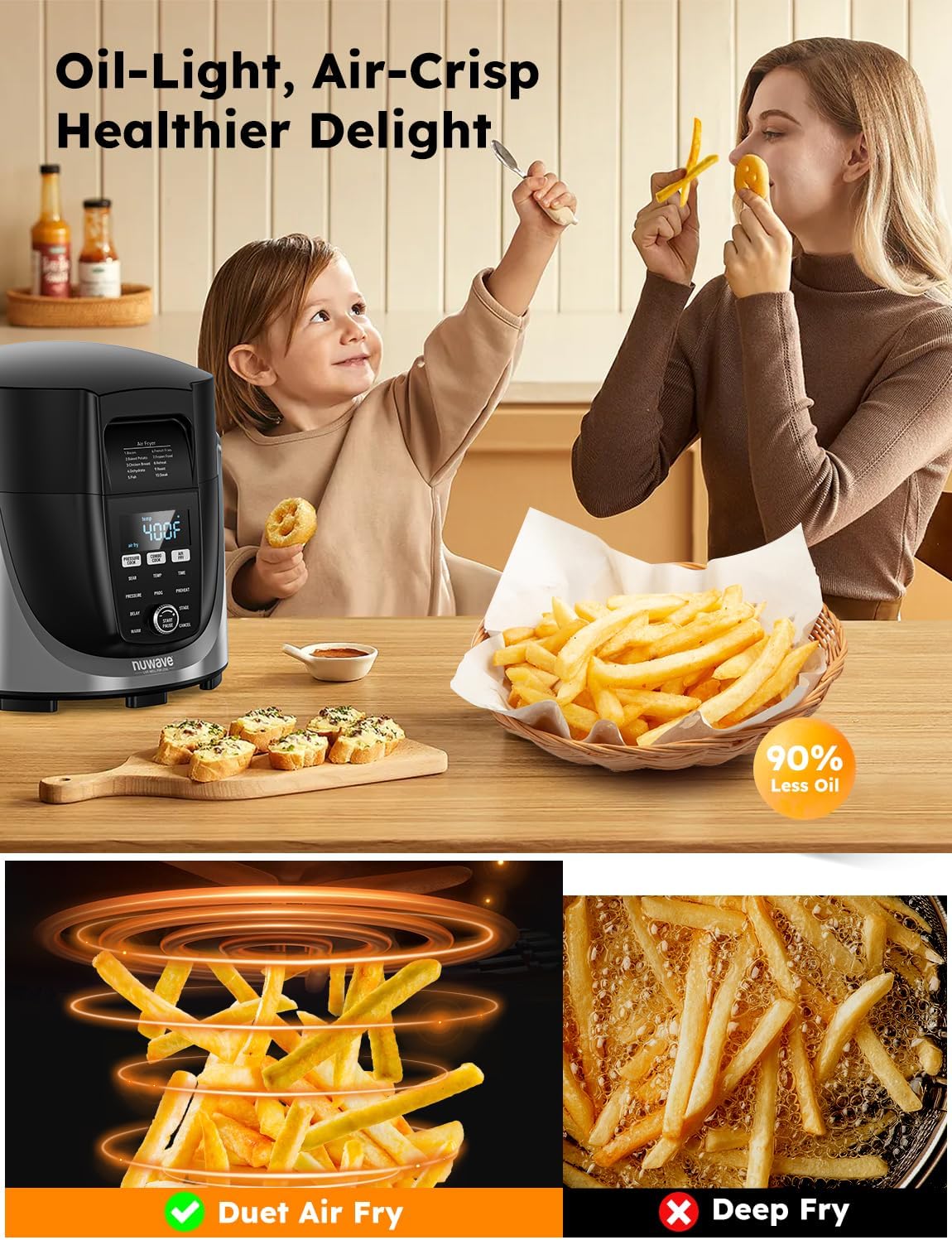 Nuwave Duet Air Fryer, Electric Pressure Cooker & Grill Combo, 540 IN 1 Multicooker with 3 Removable Lids, Slow Cook, Sautés, Dehydrator, 18/10 SS Pot, Sure-Lock Safety Tech & 13 Deluxe Accessories