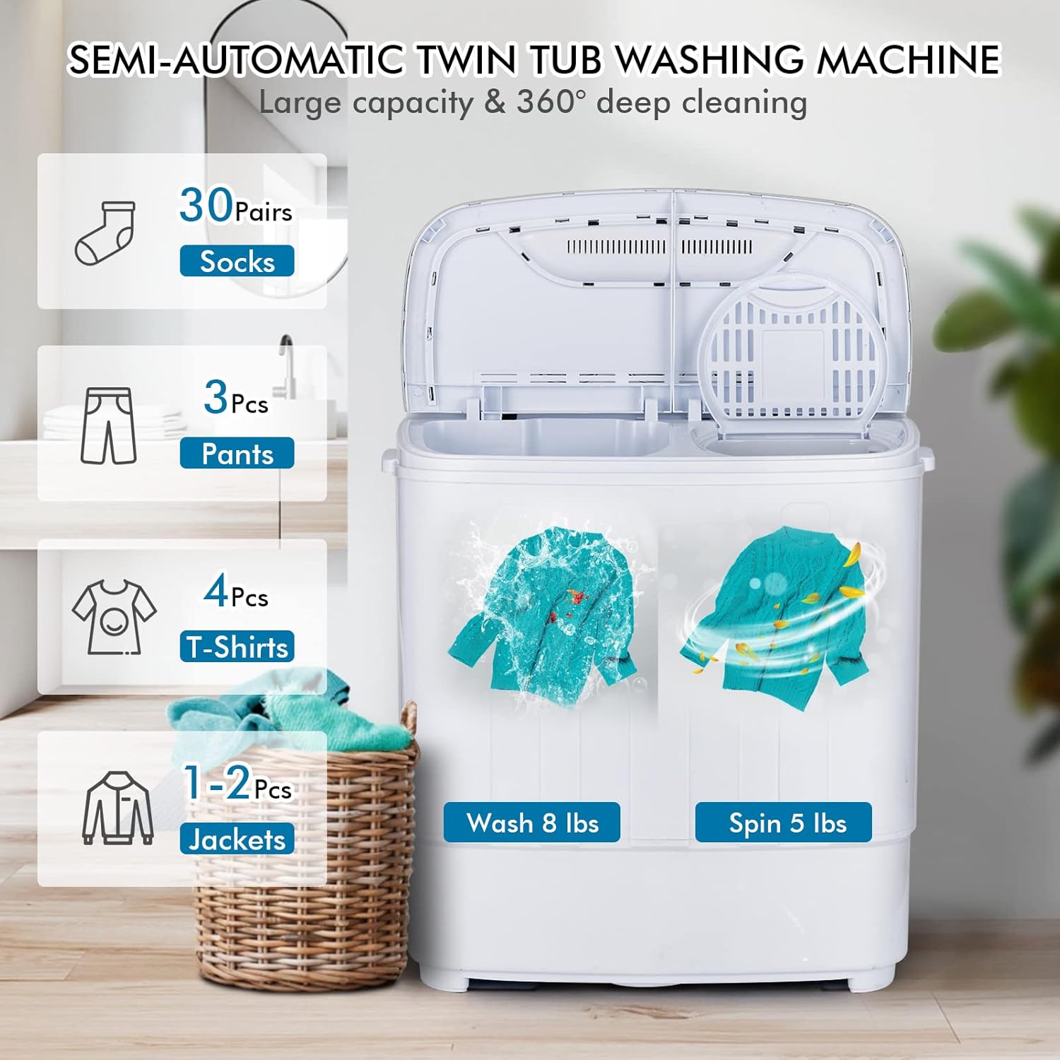COSTWAY Portable Washing Machine, Twin Tub 13Lbs Capacity Washer 8Lbs and Spinner 5Lbs with Control Knobs, Timer Function, Drain Pump, Compact Laundry Washer for Home Apartment Dorms RV, Grey+White