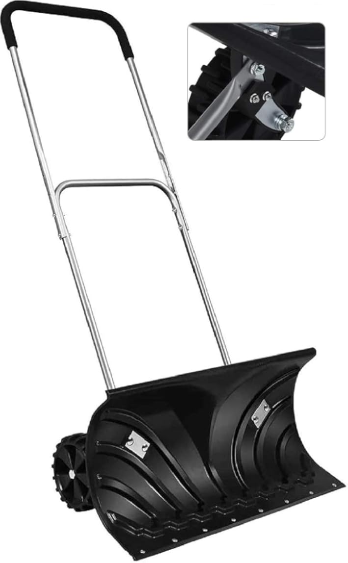 Happygrill Snow Shovel, Rolling Snow Pusher with 26” Wide Blade, Built-in Wheels & Adjustable Handle, Heavy Duty Snow Shovel for Driveway, Pavement
