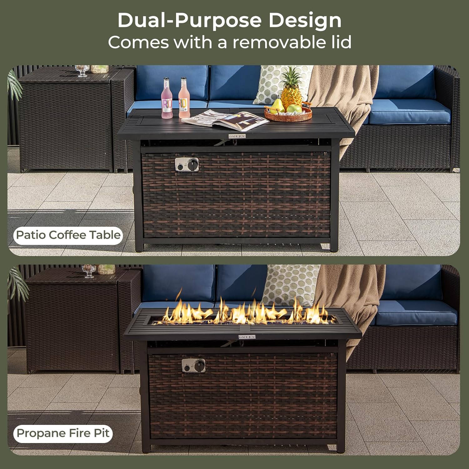 RELAX4LIFE 45’’ Propane Fire Pit Table - 50000 BTU Rattan Outdoor Fire Pit w/Metal Top, Glass Stones, Lid & Protective Cover, Rectangular Gas Fire Pits for Outside Patio Backyard Garden Deck Parties