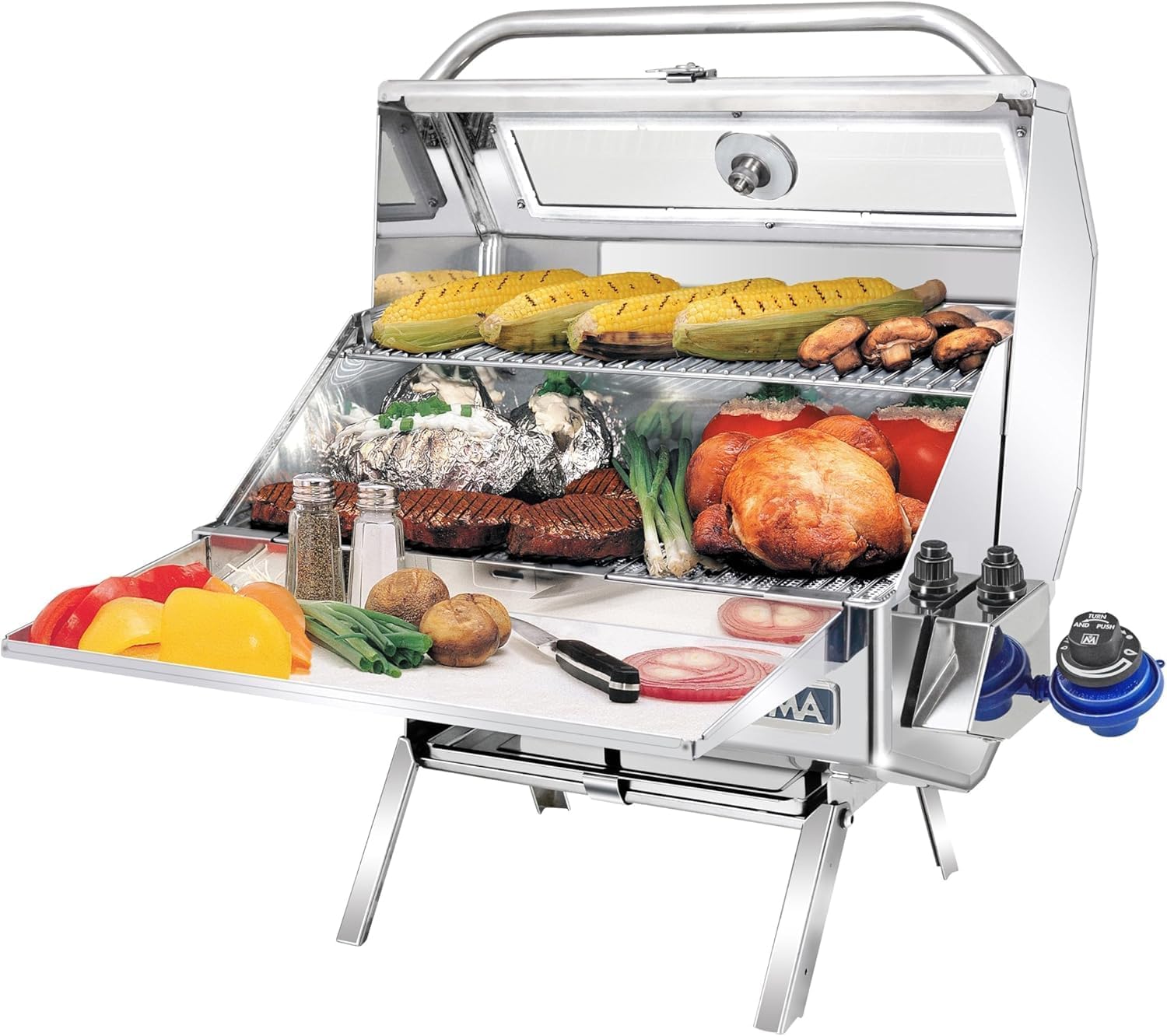 Magma Catalina 2 Infra Red Stainless Steel Portable Gas Grill A10-1218-2GS- 12,500 BTU Small Propane Grill for Outdoor, Camping, Marine Use - 12”x18” Grilling Surface with Lockable Lid & Thermometer
