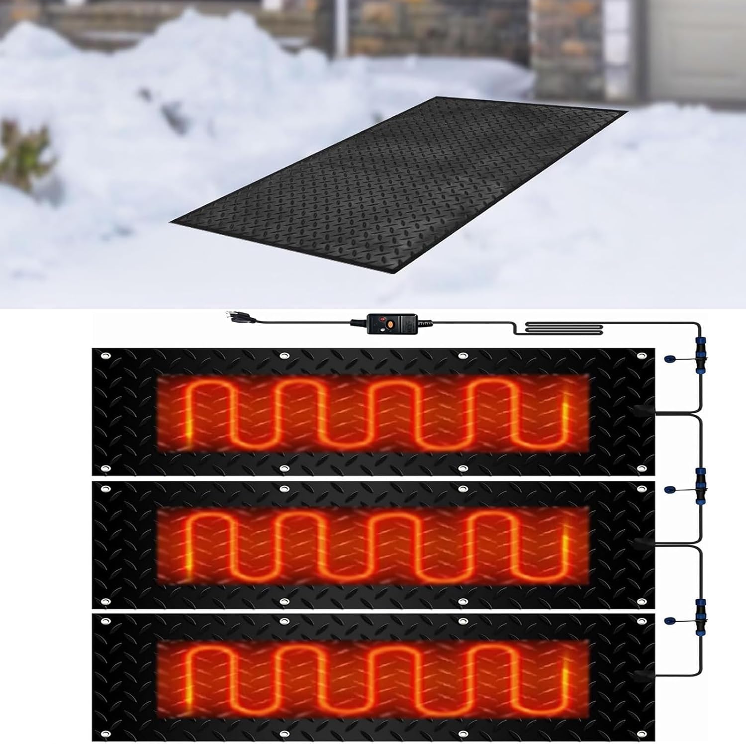 Heated Snow Melting Walkway mat, Heated Snow & ice Melting Driveway mat, Rubber Heated Snow and Ice Melting Mat, for Winter Outdoor Stairs, Steps, Doorways, Walkways,3 Pcs-25.4x76.2cm/10x30in