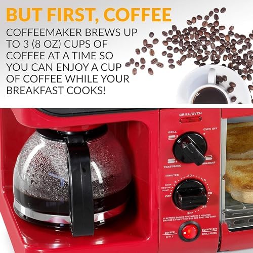 Nostalgia 3-in-1 Breakfast Station - Includes Coffee Maker, Non-Stick Griddle, and 4-Slice Toaster Oven - Versatile Breakfast Maker with Timer - Red