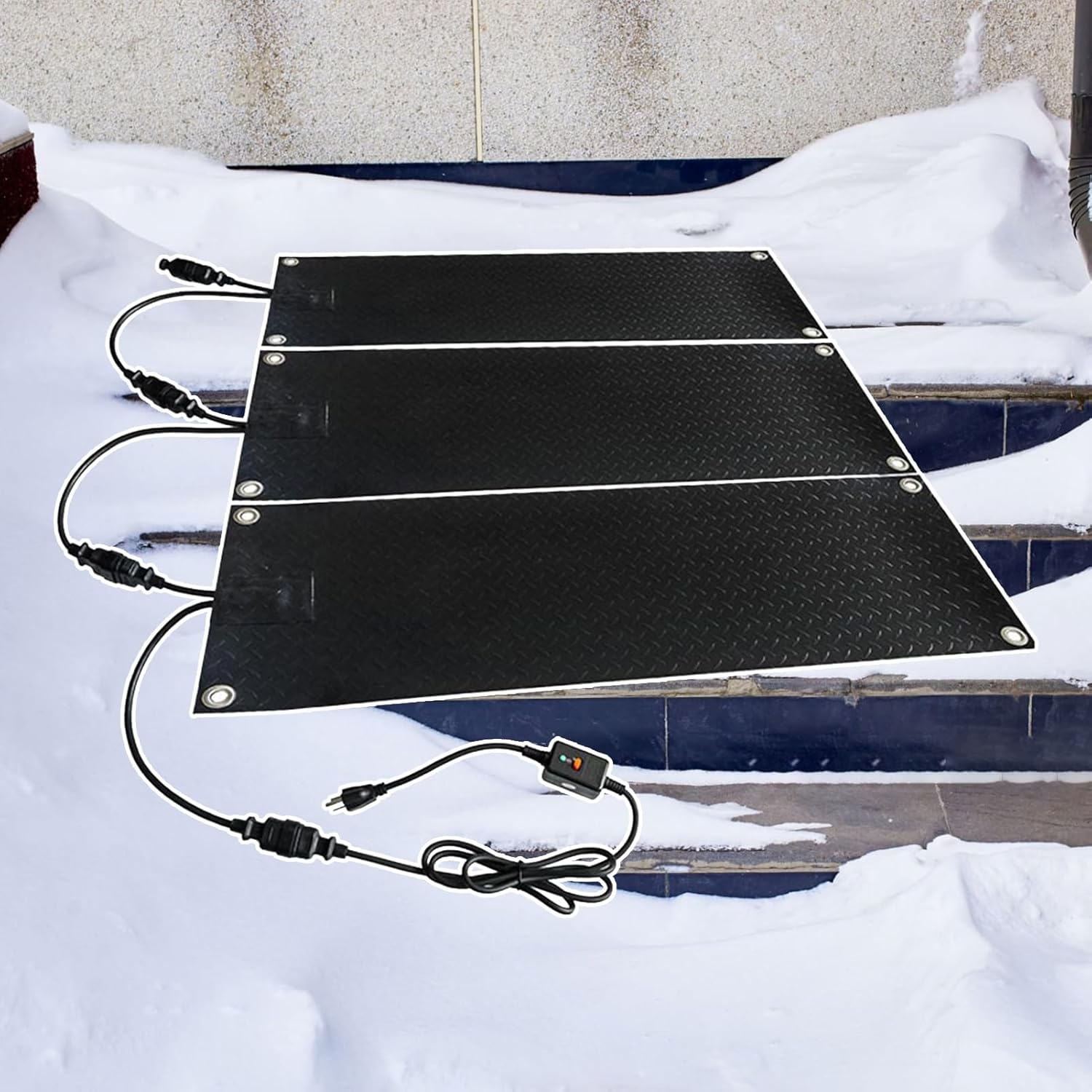 Snow Melting Mats Outdoor - Speed Snow and Ice Melting Mat for Stairs - Rubber Heated Sidewalk Walkway Mats Outdoor with Power Cable for Winter Driveway Steps Doorways - No Slip(3 pcs,10*30 in)