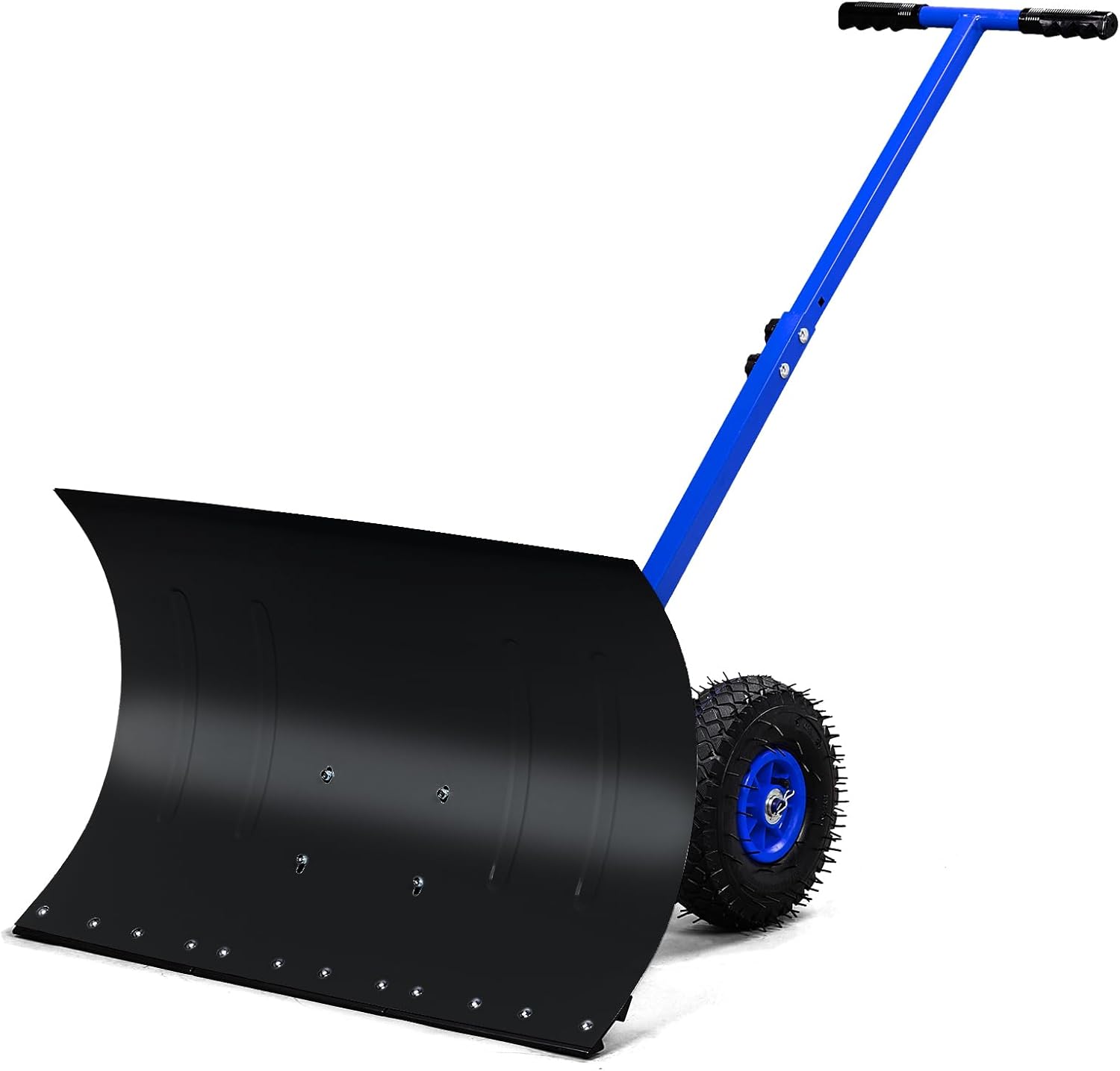 29 x 18in Adjustable T-Handle Snow Plow with Inflatable Wheels, Heavy Duty Human-Powered Manual Snow Shovel for Driveways & Sidewalks, Iron Blade Snow Removal Tool (Blue)