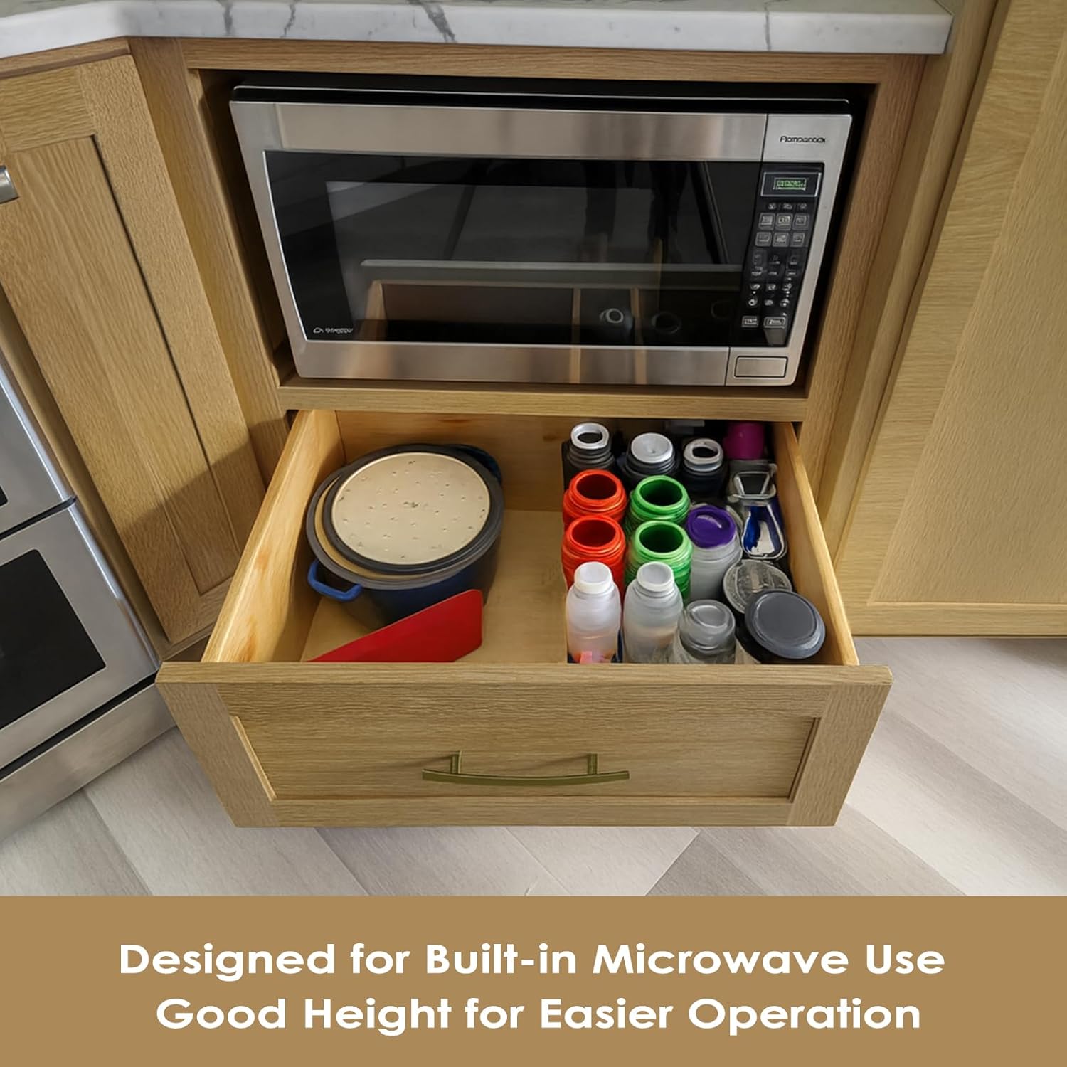 Base Microwave Cabinets, Microwave Oven Cabinet with 1 Soft Close Full Extension Drawer, Open Shelves Cabinet, White Oak and MDF, Unassembled for Kitchen, Kitchen Island, 30