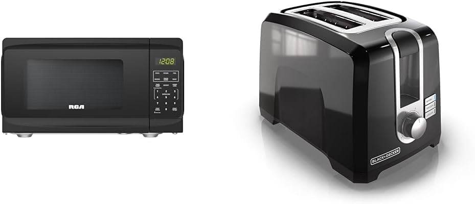 RCA RMW733-BLACK RMW733 0.7 Cu. Ft. Microwave, Black & BLACK+DECKER 2-Slice Toaster, T2569B, Extra Wide Slots, 6 Shade Settings, 850 Watts, Crub Tray, Cancel Button