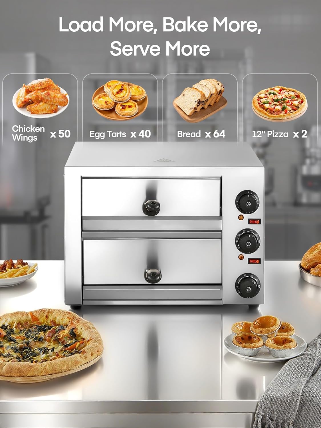 12 Inch Commercial Pizza Oven, Countertop Pizza Ovens with 662°F Max Temp, 2-Layer Electric Pizza Cooker with Alert Timer, 2200W Stainless Steel Pizza-Maker Machine, for Restaurant,Home, Party