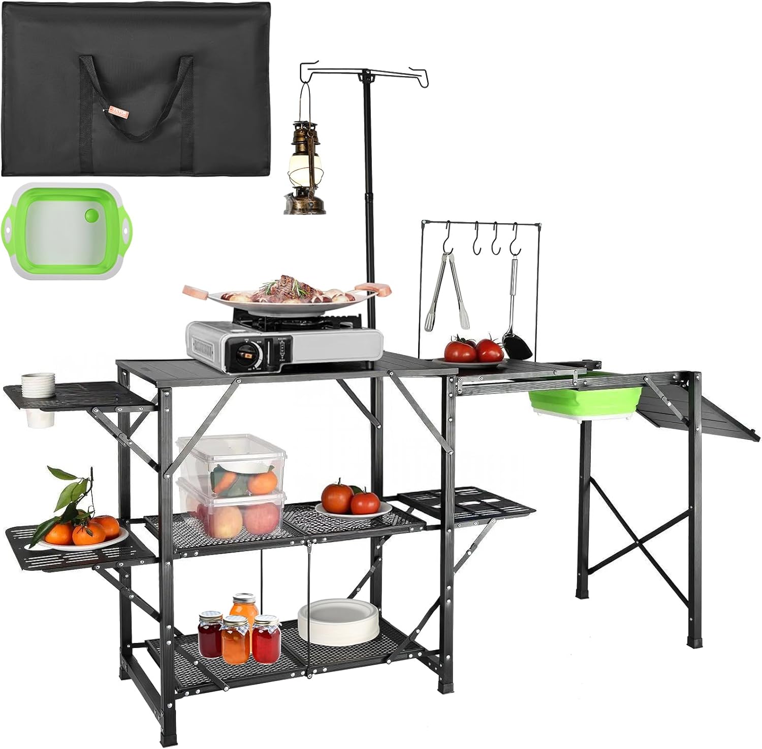 VEVOR Camping Kitchen Table with Sink, Aluminum Folding Portable Outdoor Cook Station, 2 Shelves & Carrying Bag for Picnic BBQ Beach Traveling