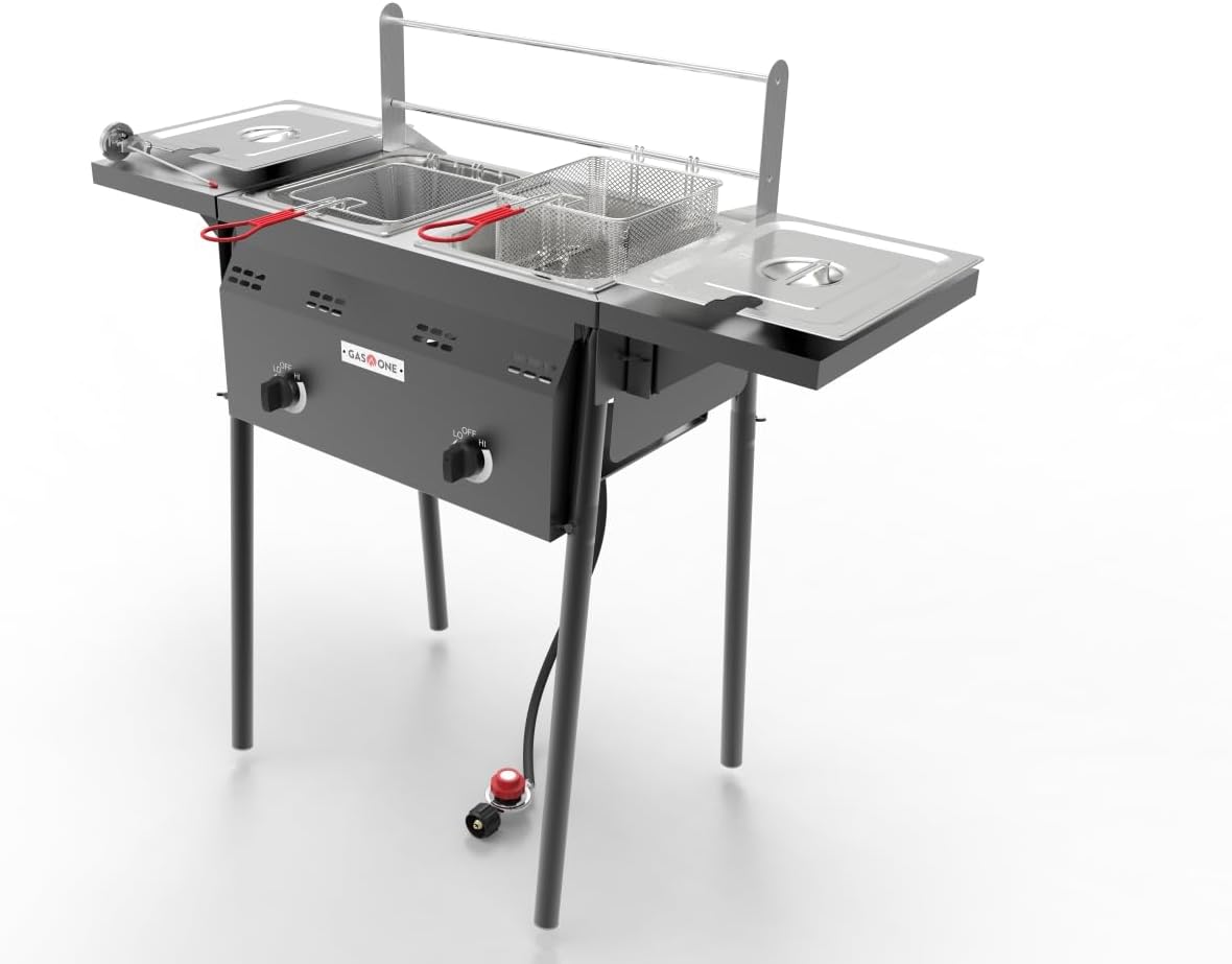 GasOne B-5850A Outdoor Propane Deep Fryer - Double Burners, 16 Qt Removable Baskets & Lids, Oil Fryer Cart with Thermometer & Regulator - Perfect for Outdoor Cooking & Commercial Use