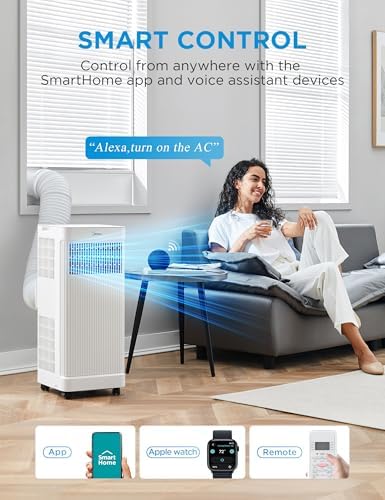 Midea 8,500 BTU ASHRAE (5,000 BTU SACC) Portable Air Conditioner, Smart Control, Cools up to 150 Sq. Ft., with Dehumidifier & Fan mode, Easy- to-use Remote Control & Window Installation Kit Included