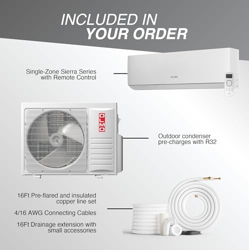 OLMO 36,000 BTU Ductless Mini Split Air Conditioner & Heat Pump – Includes 16FT Installation Kit – 20 SEER2 – 230V – Pre-Charged with R-32 – Heating & Cooling Inverter System